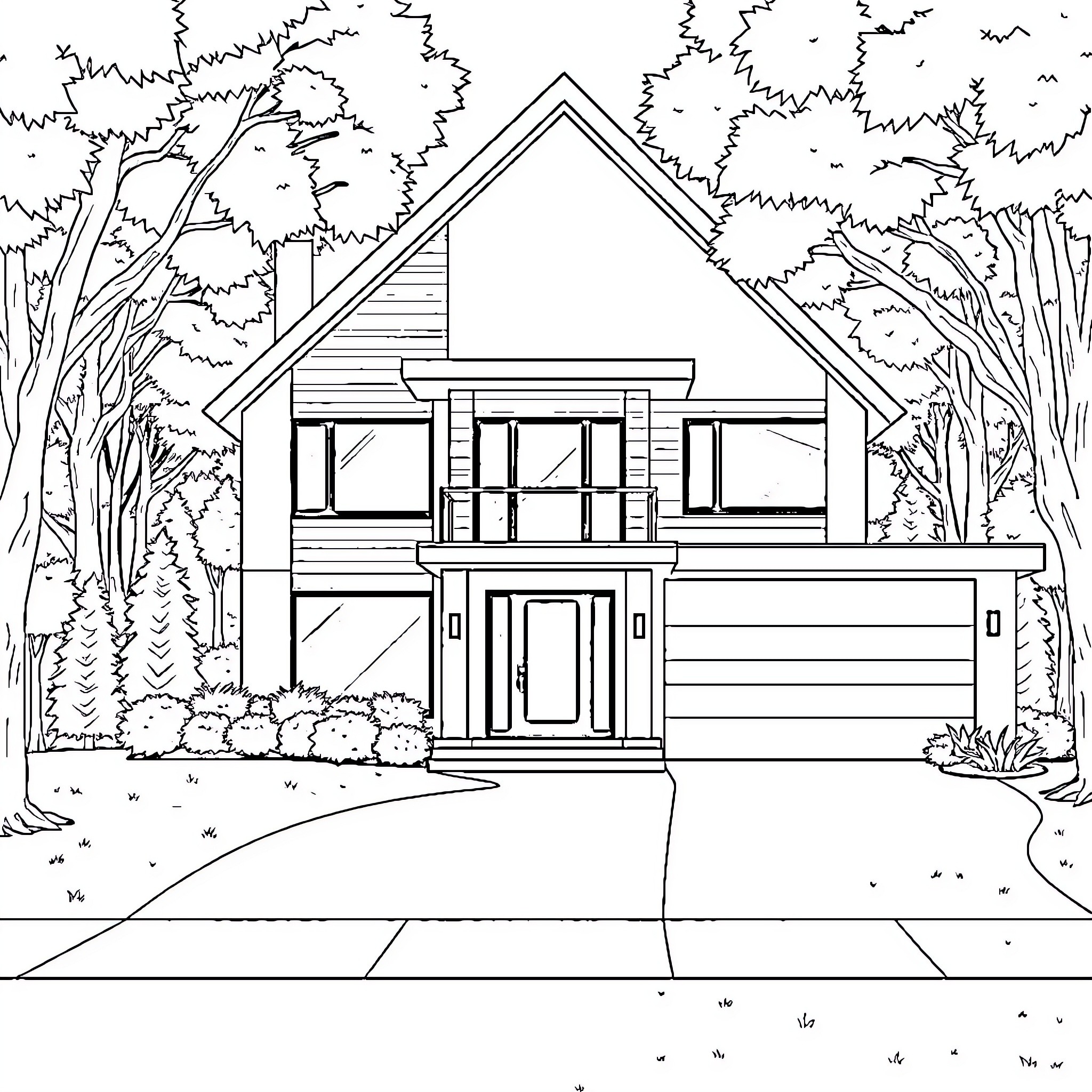 House in a serene forest landscape Coloring Page (free black-and-white line drawing printable PDF for all, from beginners to advanced learners, including children, teens, adults, and seniors)