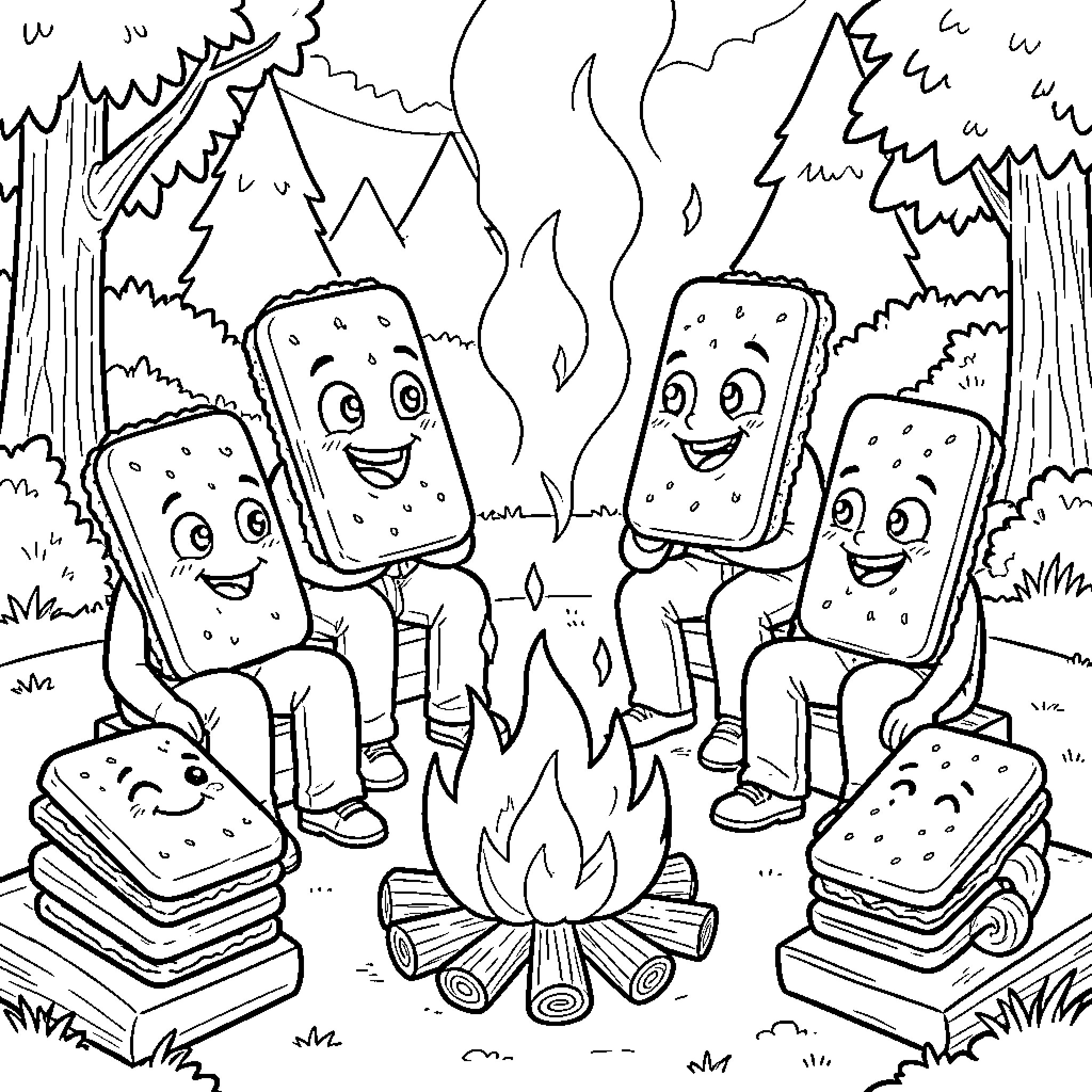 S'mores characters laughing together around a cozy campfire Coloring Page (free black-and-white line drawing printable PDF for all, from beginners to advanced learners, including children, teens, adults, and seniors)