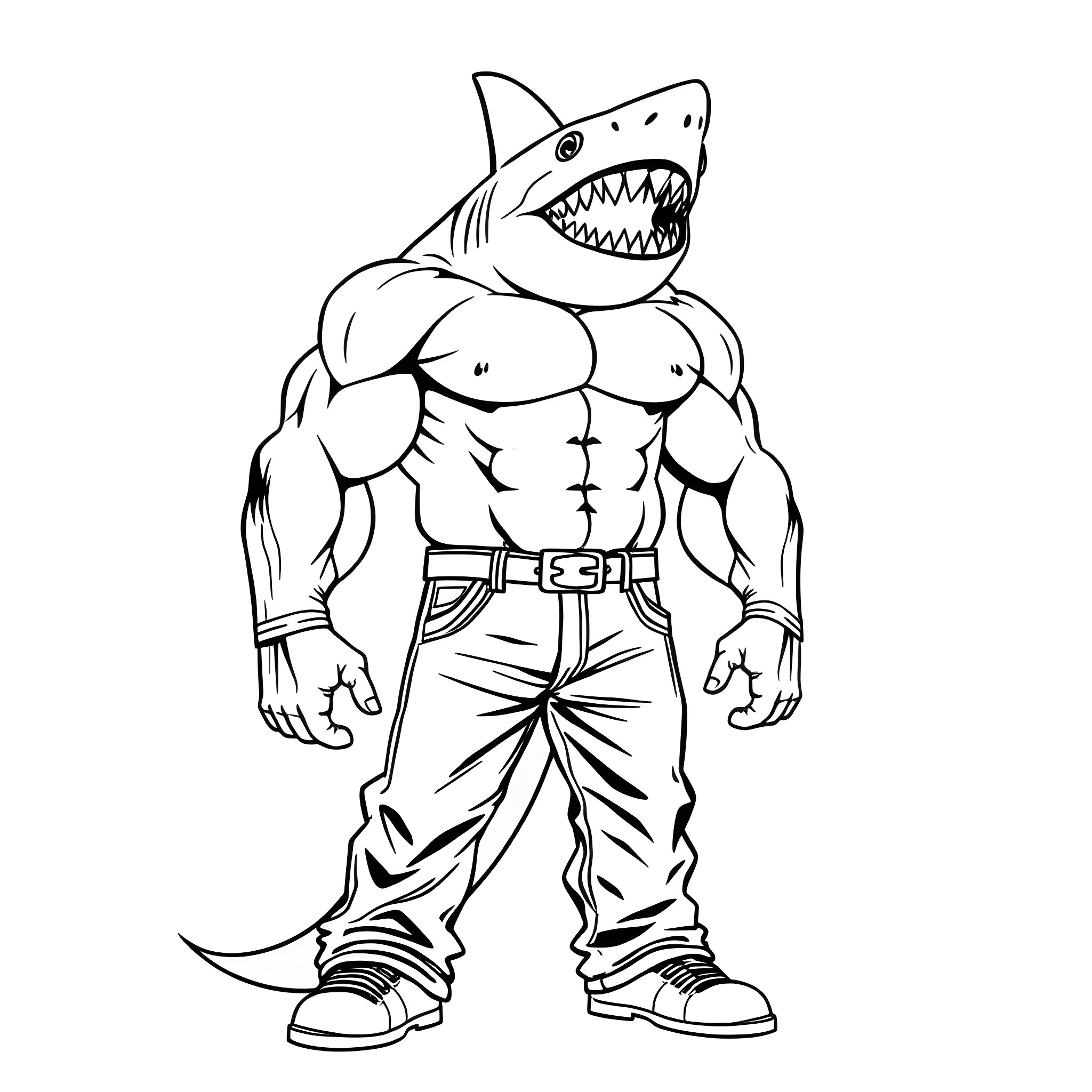 Shark-themed muscular character in fighting stance Coloring Page (free black-and-white line drawing printable PDF for all, from beginners to advanced learners, including children, teens, adults, and seniors)