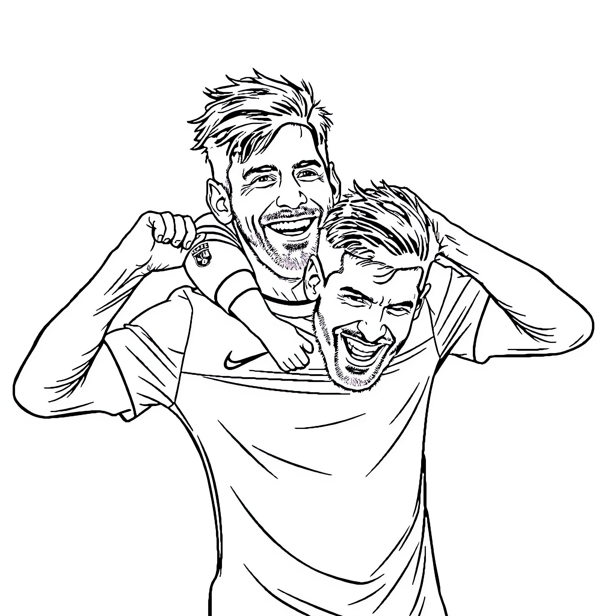 Messi and teammate celebrating victory on the field Coloring Page (free black-and-white line drawing printable PDF for all, from beginners to advanced learners, including children, teens, adults, and seniors)