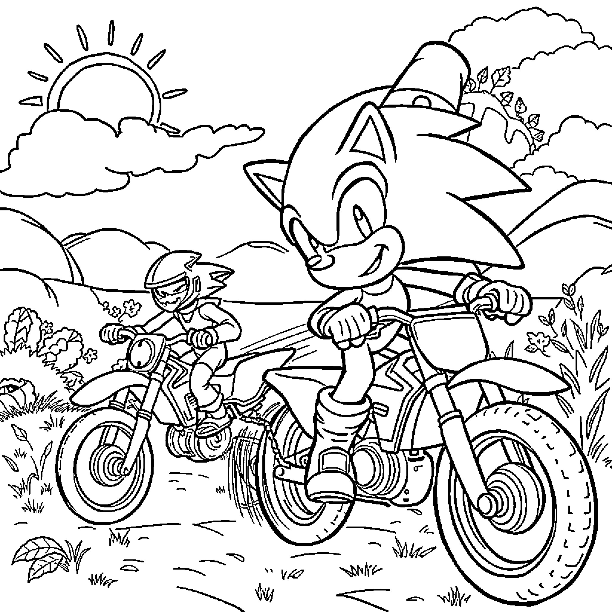 Sonic's Adventurous Ride through the Scenic Landscape Coloring Page (free black-and-white line drawing printable PDF for all, from beginners to advanced learners, including children, teens, adults, and seniors)