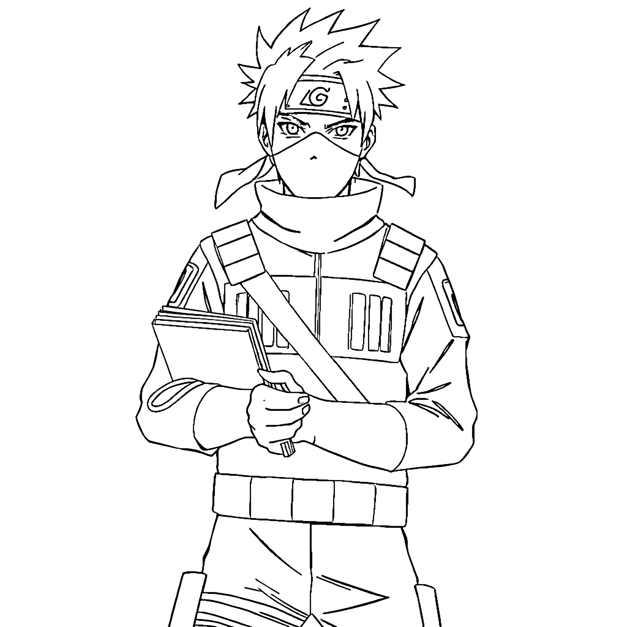 Kakashi in Ninja Uniform with Serious Expression Coloring Page (free black-and-white line drawing printable PDF for all, from beginners to advanced learners, including children, teens, adults, and seniors)