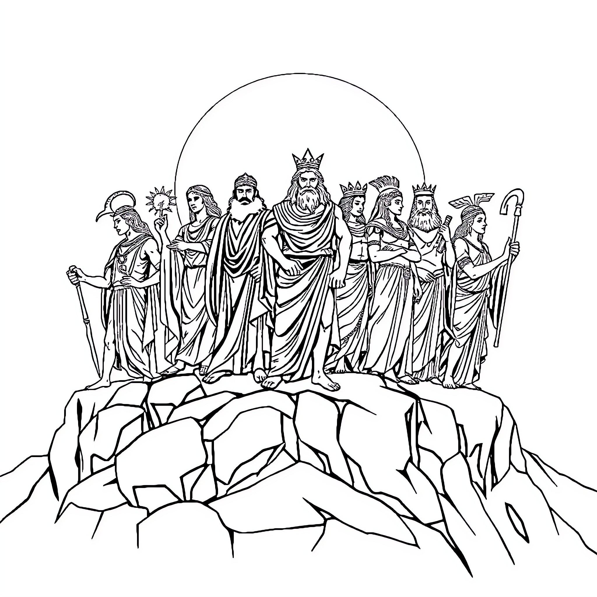 Olympian deities gathered on mount Olympus Coloring Page (free black-and-white line drawing printable PDF for all, from beginners to advanced learners, including children, teens, adults, and seniors)