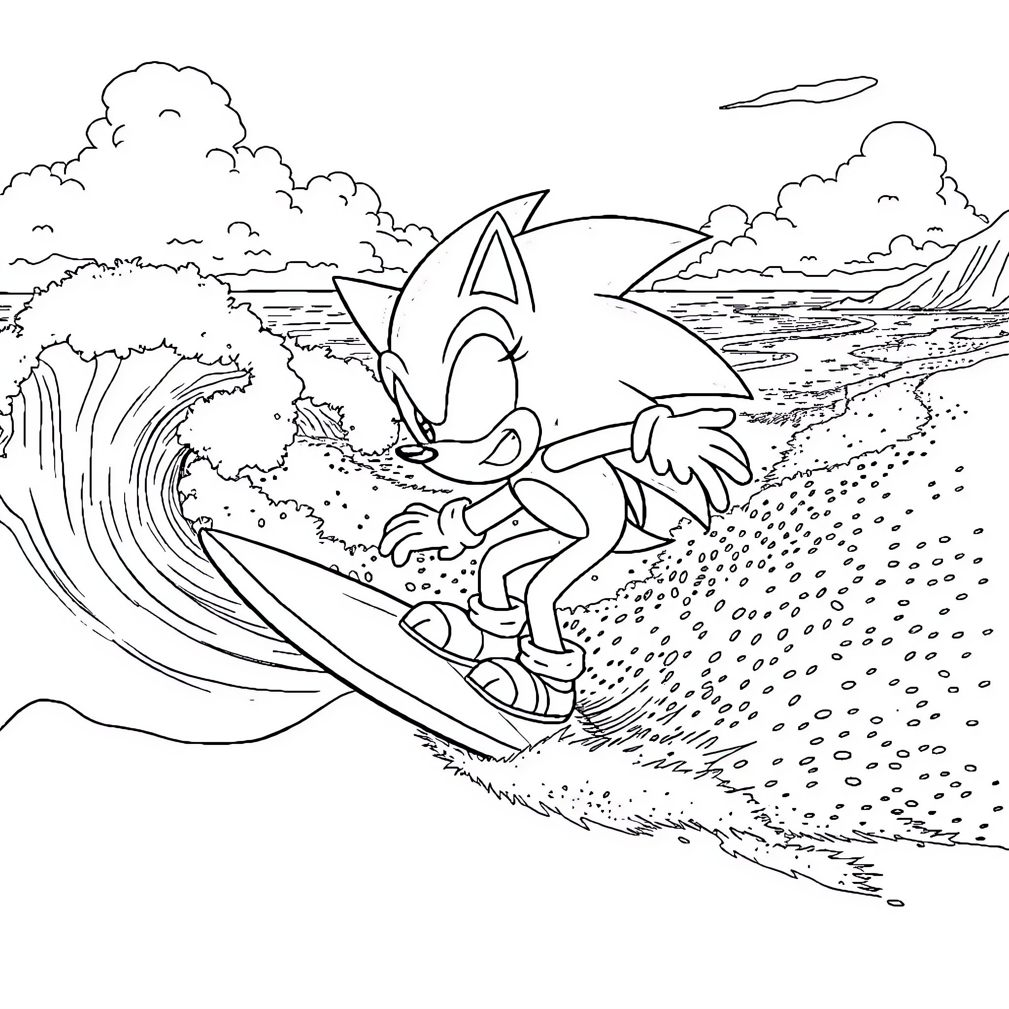 Sonic riding the waves in a scenic landscape Coloring Page (free black-and-white line drawing printable PDF for all, from beginners to advanced learners, including children, teens, adults, and seniors)