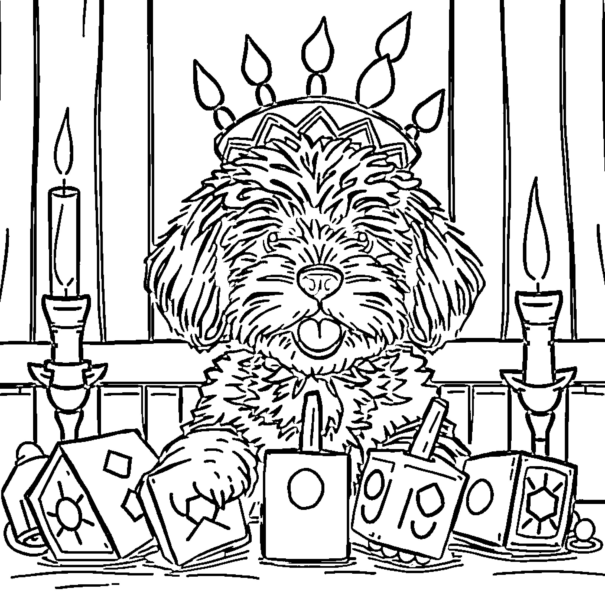 Cavoodle celebrating Hanukkah with candles and dreidels Coloring Page (free black-and-white line drawing printable PDF for all, from beginners to advanced learners, including children, teens, adults, and seniors)