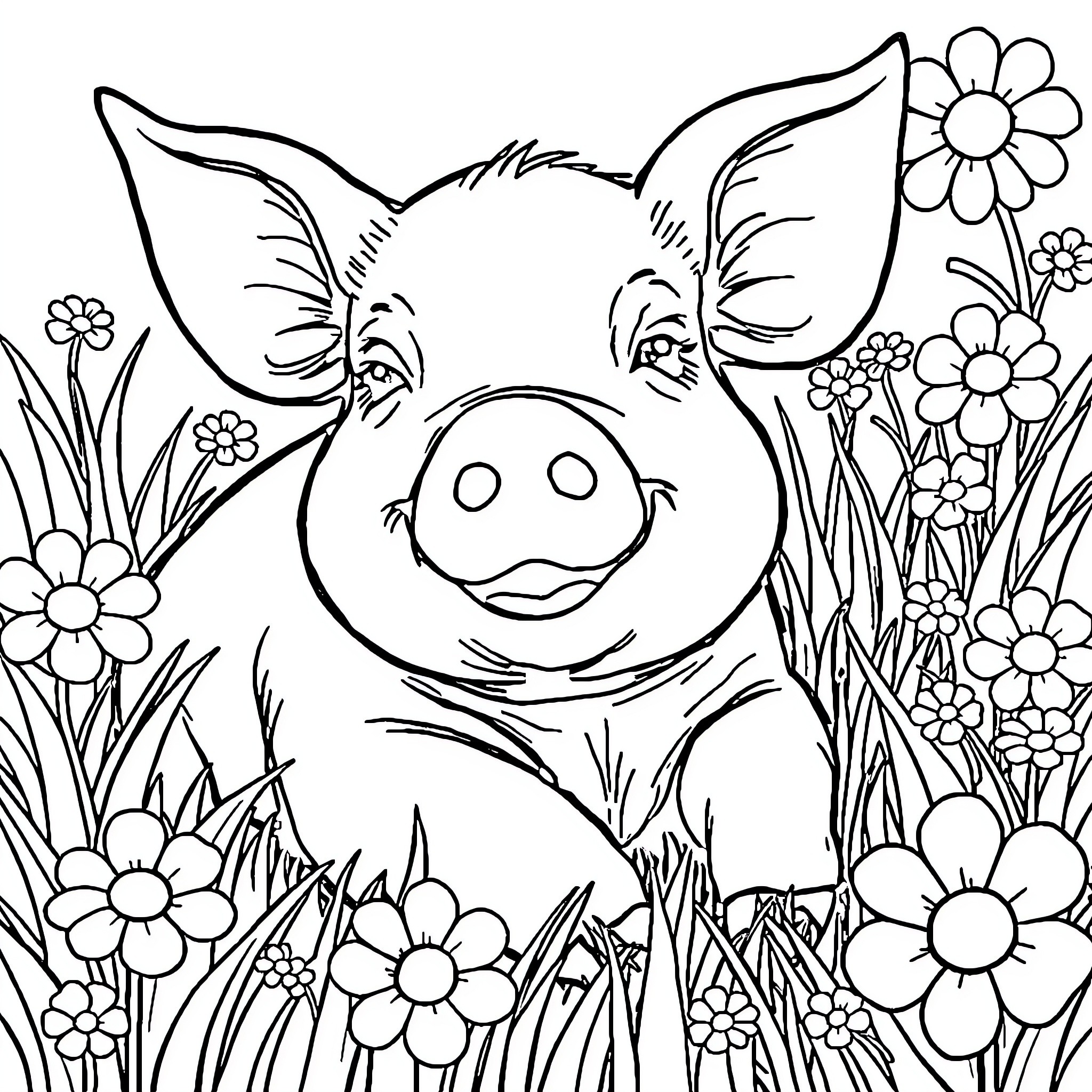 Pig surrounded by flowers in a meadow Coloring Page (free black-and-white line drawing printable PDF for all, from beginners to advanced learners, including children, teens, adults, and seniors)