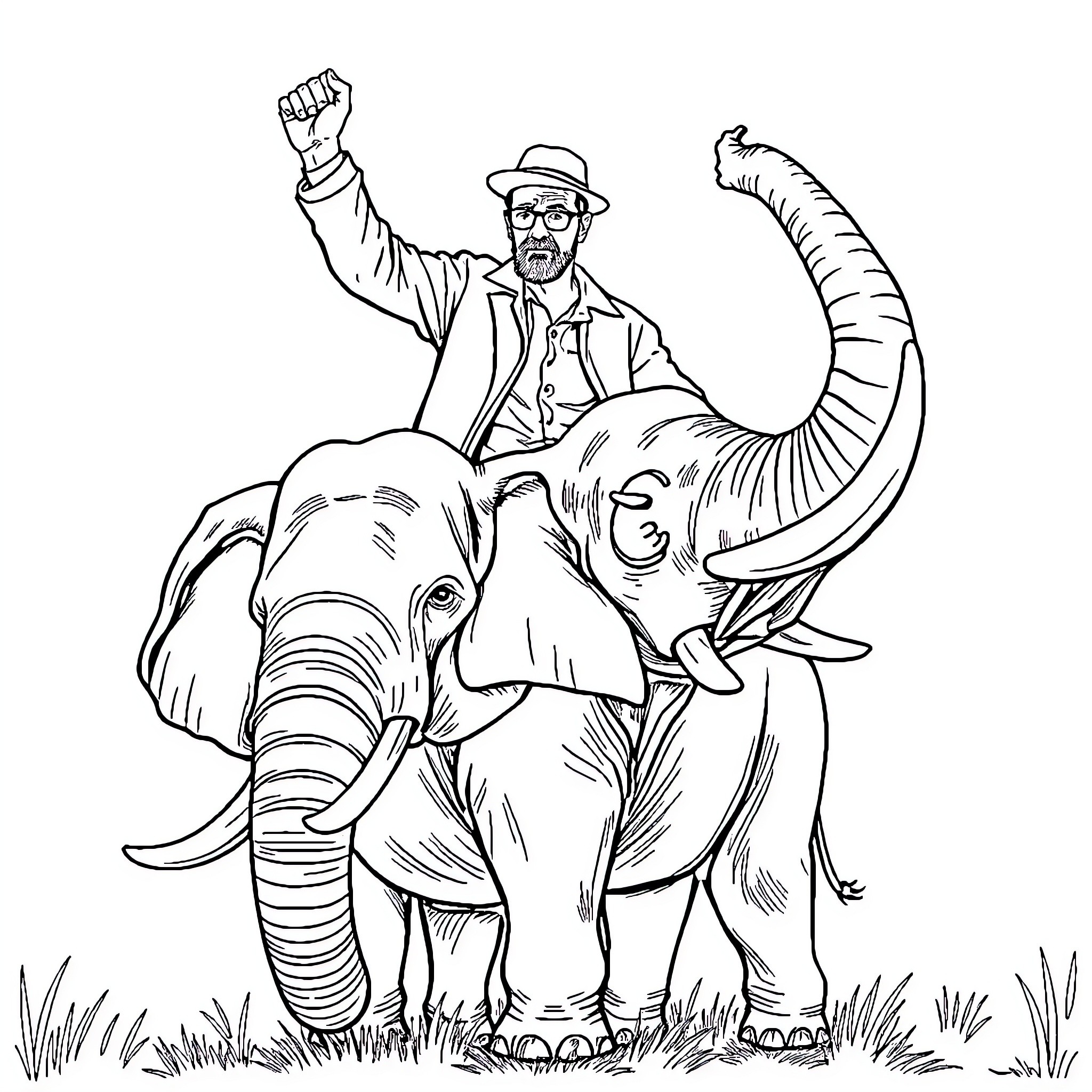 Walter White riding a triumphant elephant Coloring Page (free black-and-white line drawing printable PDF for all, from beginners to advanced learners, including children, teens, adults, and seniors)
