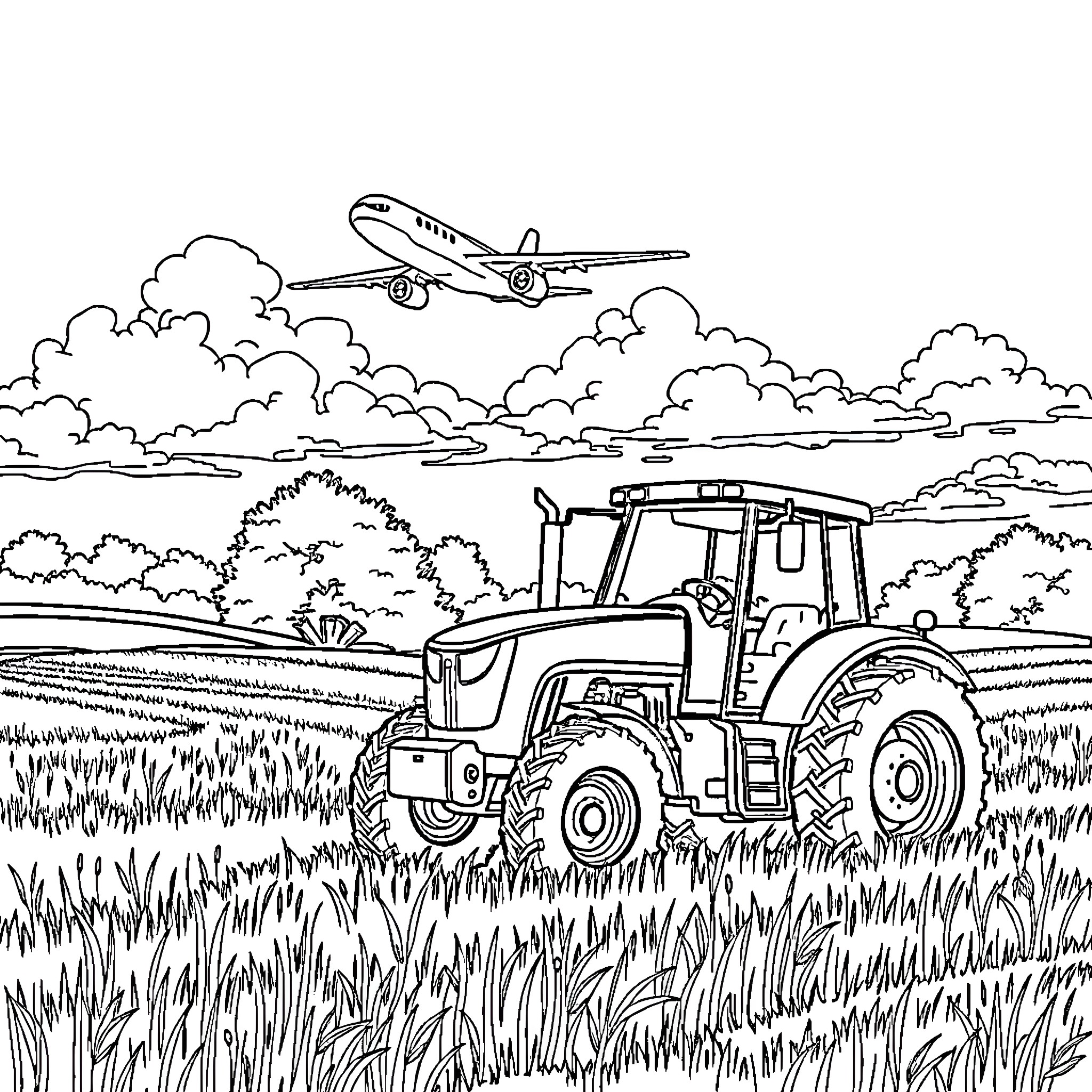 Airplane taking off over a rural farm landscape Coloring Page (free black-and-white line drawing printable PDF for all, from beginners to advanced learners, including children, teens, adults, and seniors)