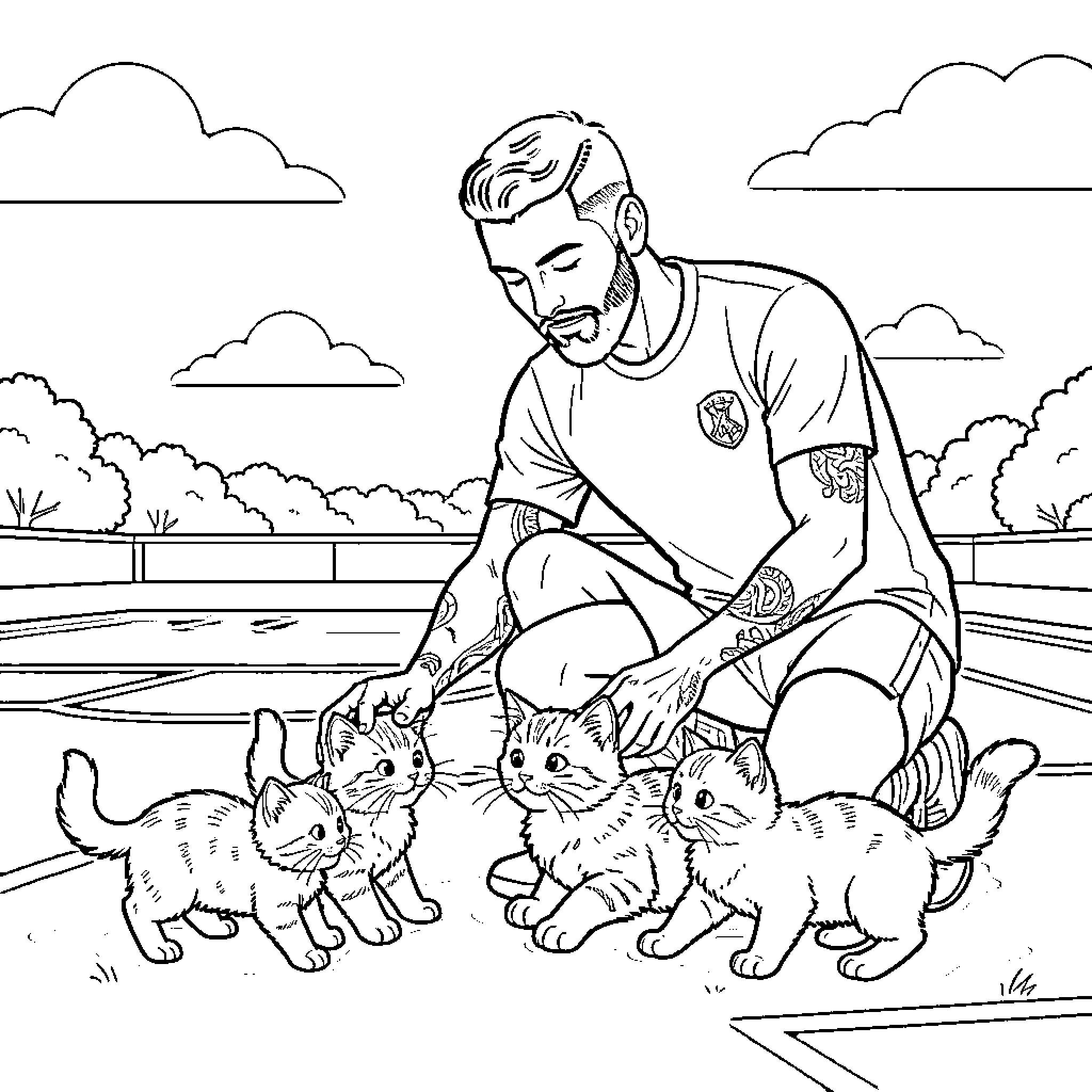 Cr7 playing with adorable kittens on the field Coloring Page (free black-and-white line drawing printable PDF for all, from beginners to advanced learners, including children, teens, adults, and seniors)