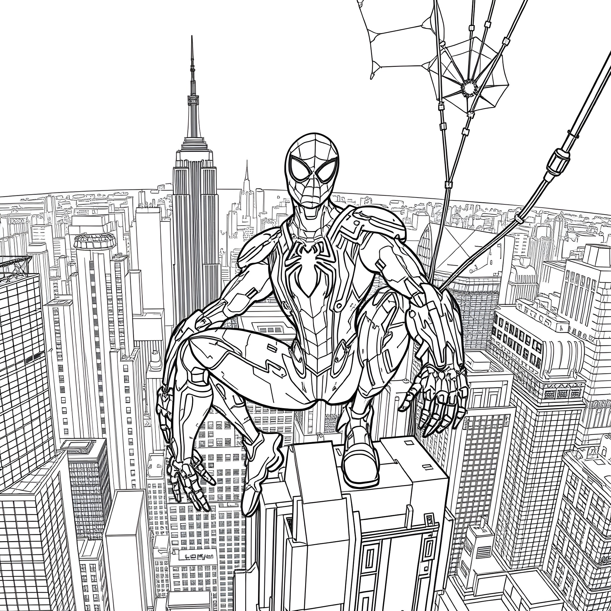 Mecha Spiderman Swinging Through Futuristic Cityscape Coloring Page (free black-and-white line drawing printable PDF for all, from beginners to advanced learners, including children, teens, adults, and seniors)