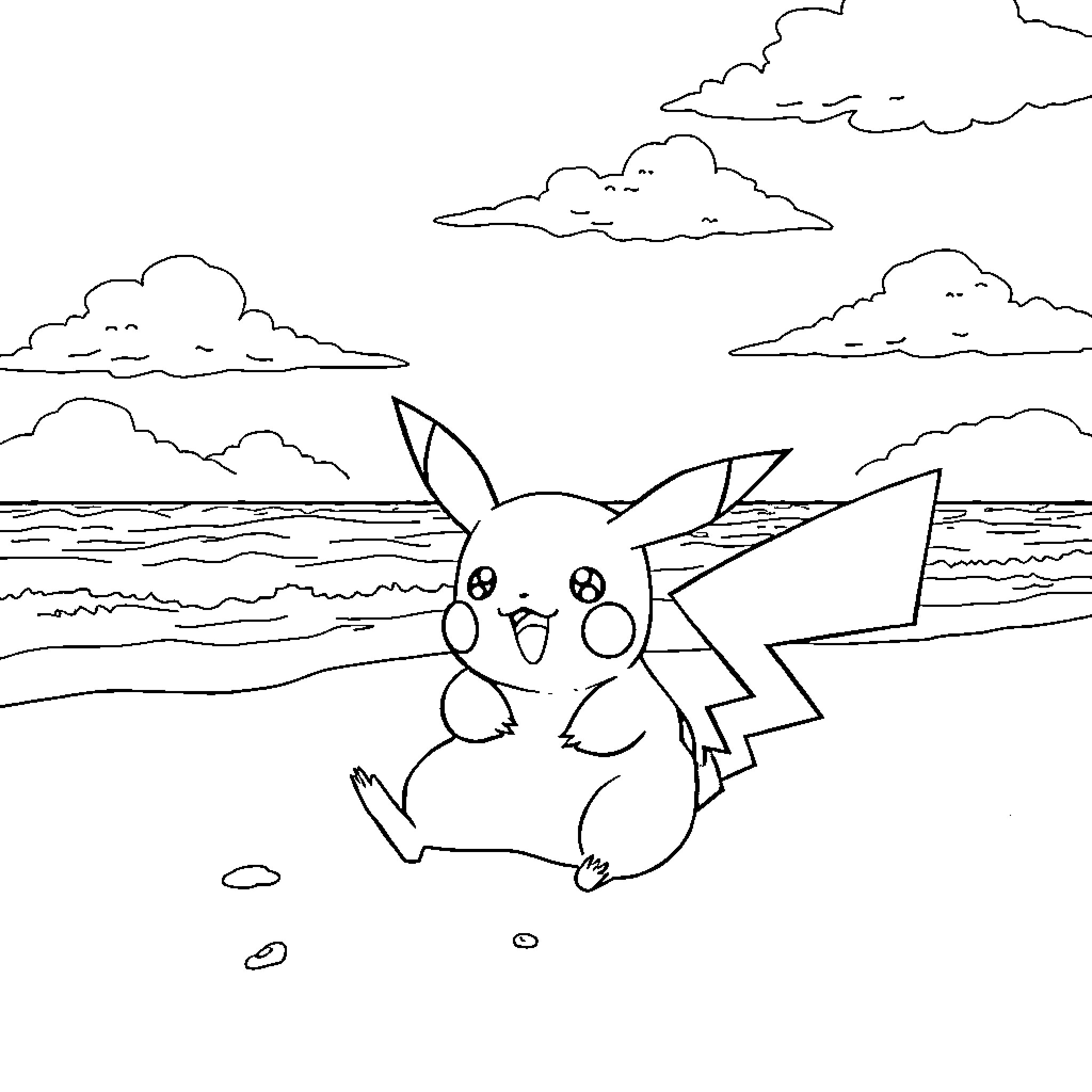 Pikachu enjoying the ocean view Coloring Page (free black-and-white line drawing printable PDF for all, from beginners to advanced learners, including children, teens, adults, and seniors)