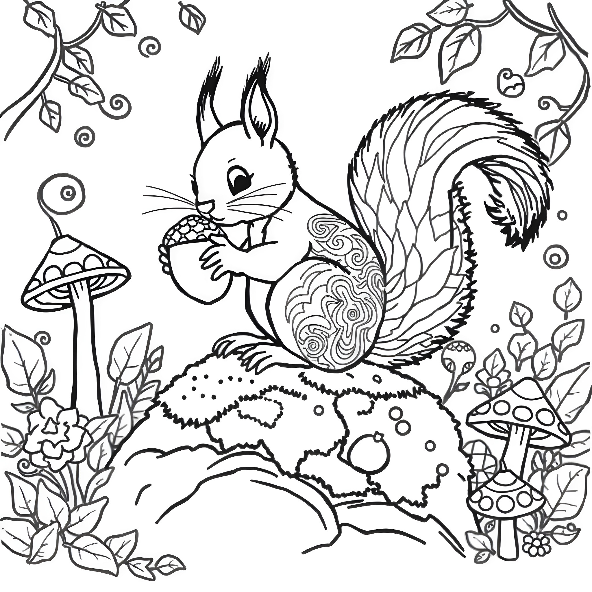 Squirrel enjoying a forest adventure Coloring Page (free black-and-white line drawing printable PDF for all, from beginners to advanced learners, including children, teens, adults, and seniors)