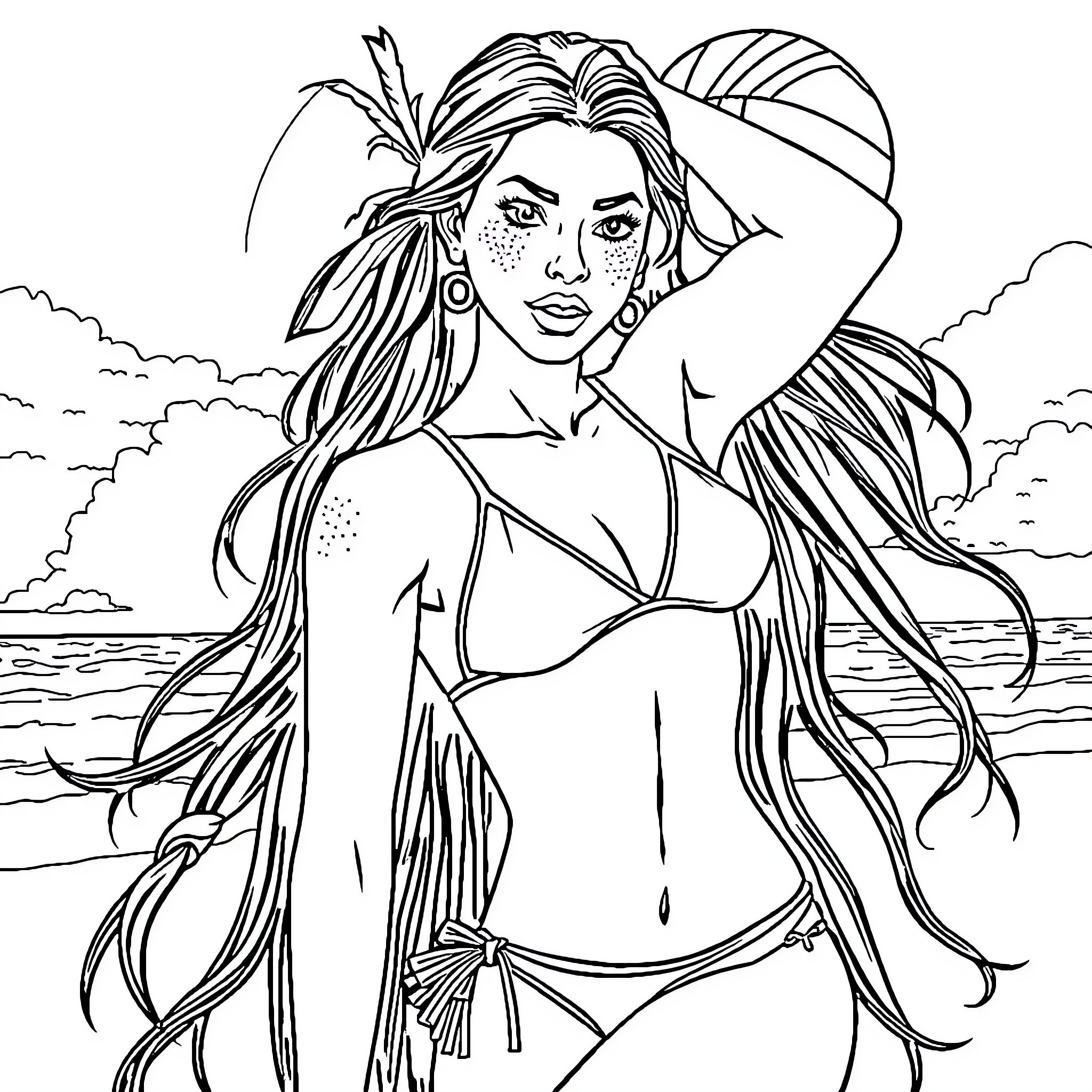 Volleyball player posing at the beach Coloring Page (free black-and-white line drawing printable PDF for all, from beginners to advanced learners, including children, teens, adults, and seniors)