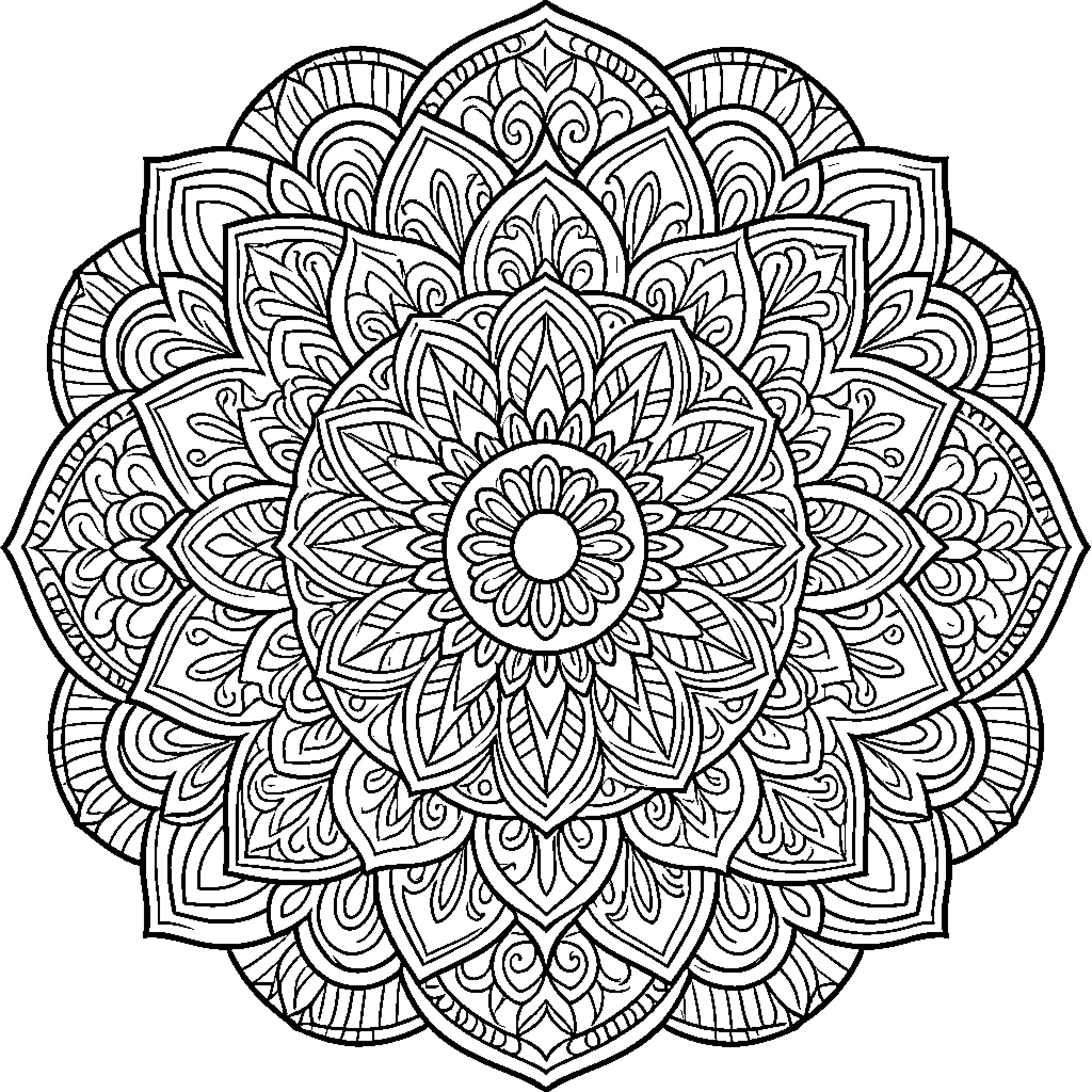 Mandala of intricate floral patterns and shapes Coloring Page (free black-and-white line drawing printable PDF for all, from beginners to advanced learners, including children, teens, adults, and seniors)