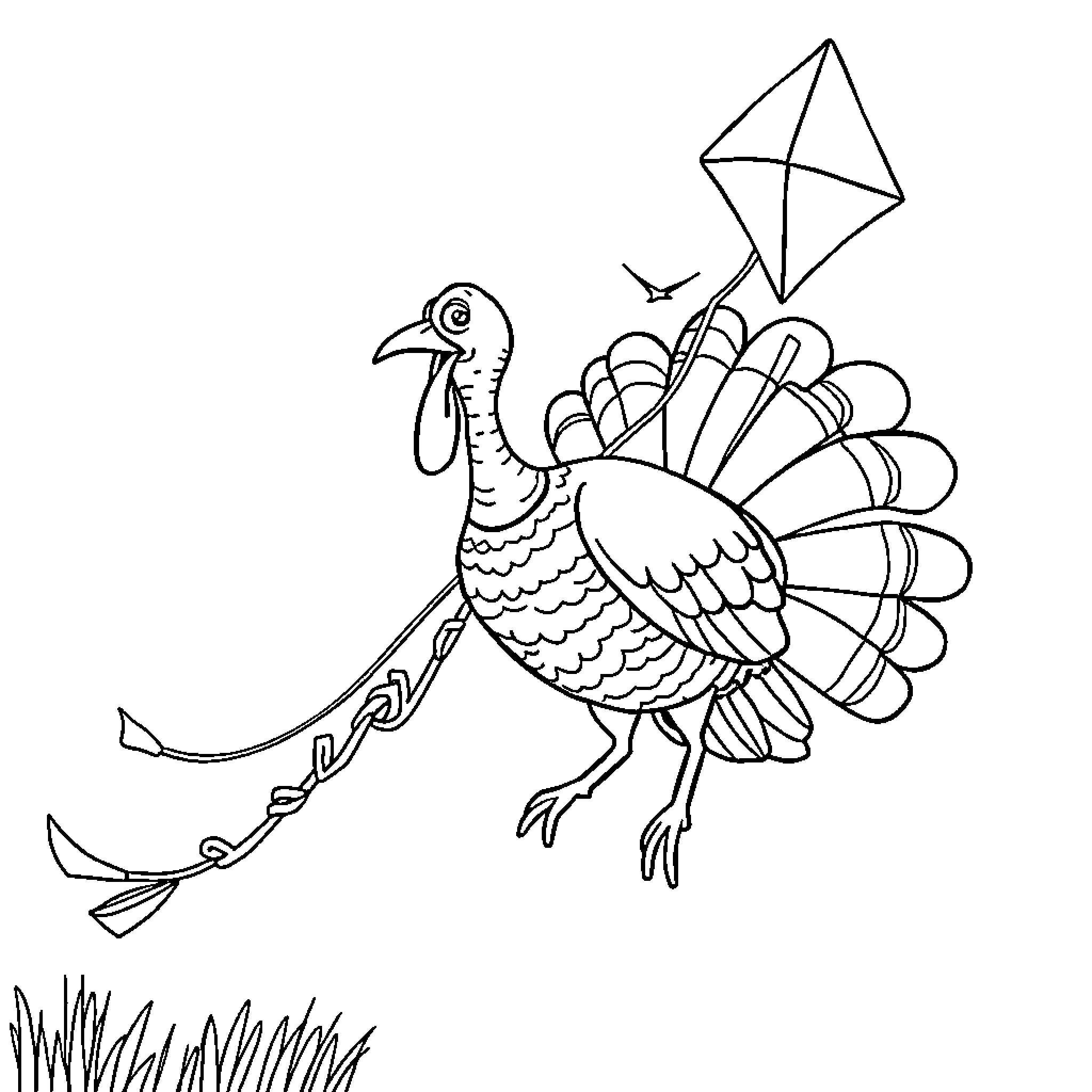 Turkey playing with kite in the field Coloring Page (free black-and-white line drawing printable PDF for all, from beginners to advanced learners, including children, teens, adults, and seniors)