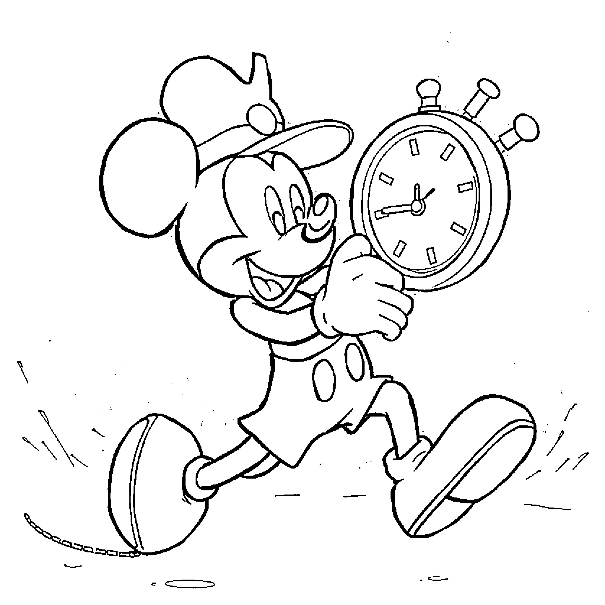 Mickey running with a stopwatch Coloring Page (free black-and-white line drawing printable PDF for all, from beginners to advanced learners, including children, teens, adults, and seniors)