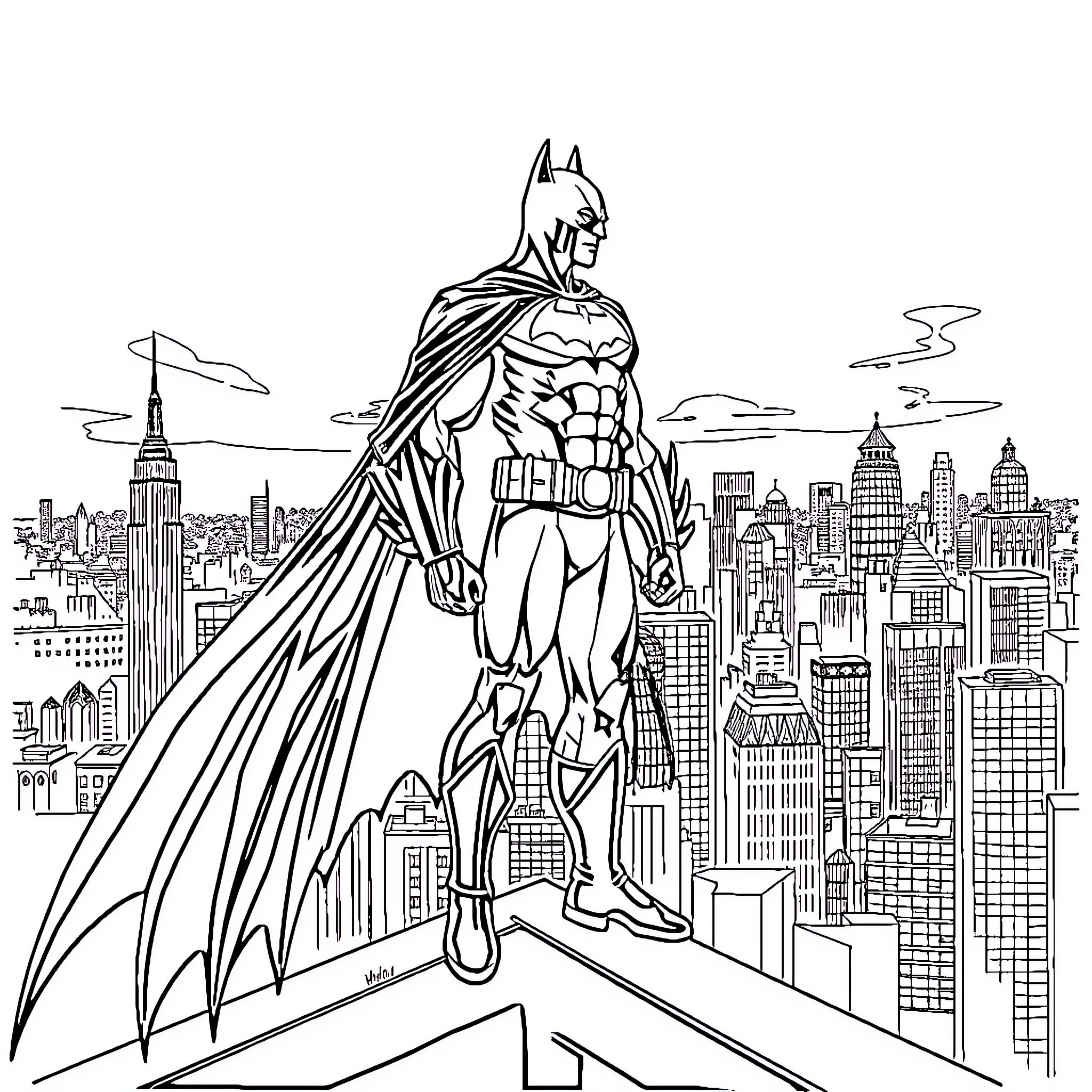 Batman standing tall over Gotham City skyline Coloring Page (free black-and-white line drawing printable PDF for all, from beginners to advanced learners, including children, teens, adults, and seniors)