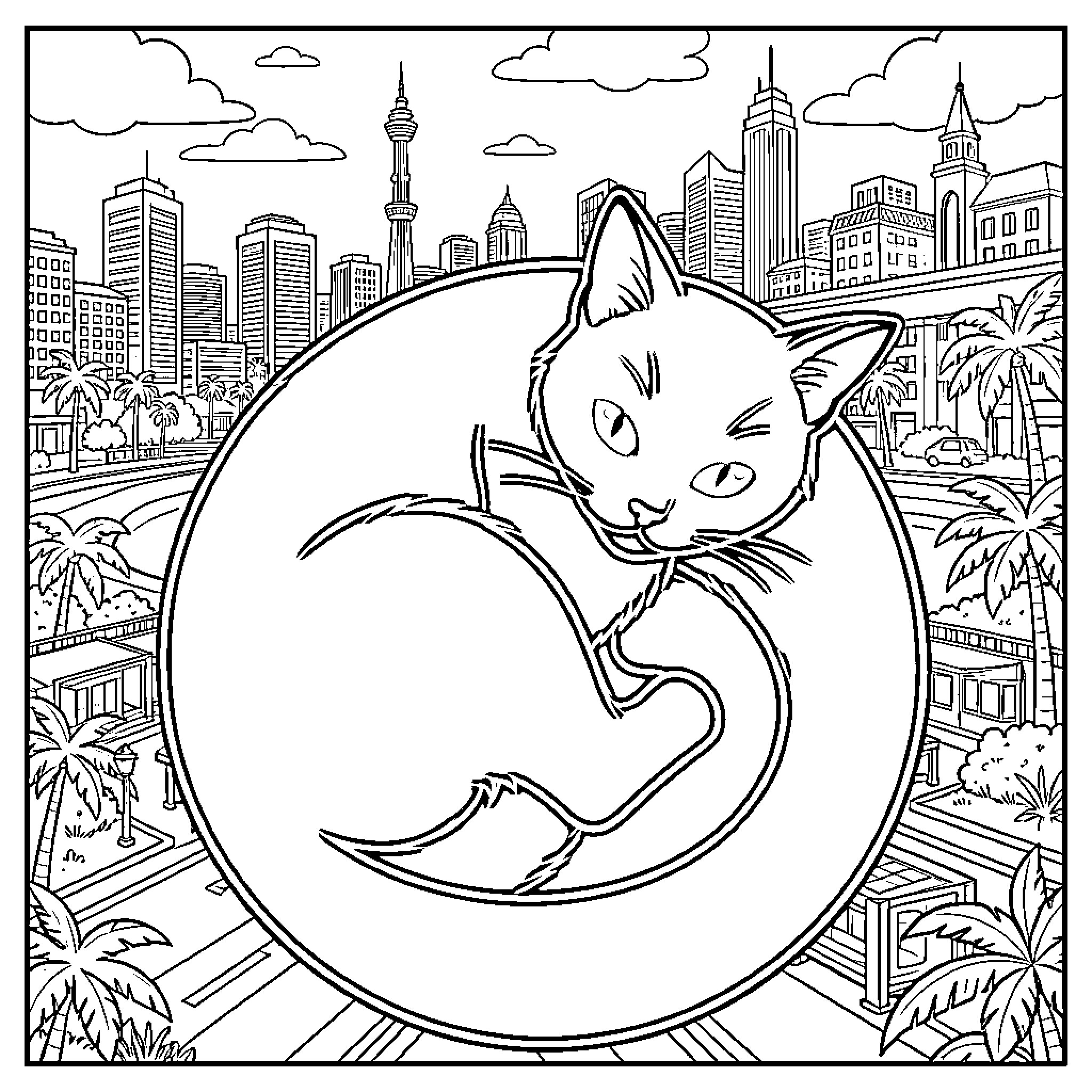 Cat in the city skyline Coloring Page (free black-and-white line drawing printable PDF for all, from beginners to advanced learners, including children, teens, adults, and seniors)