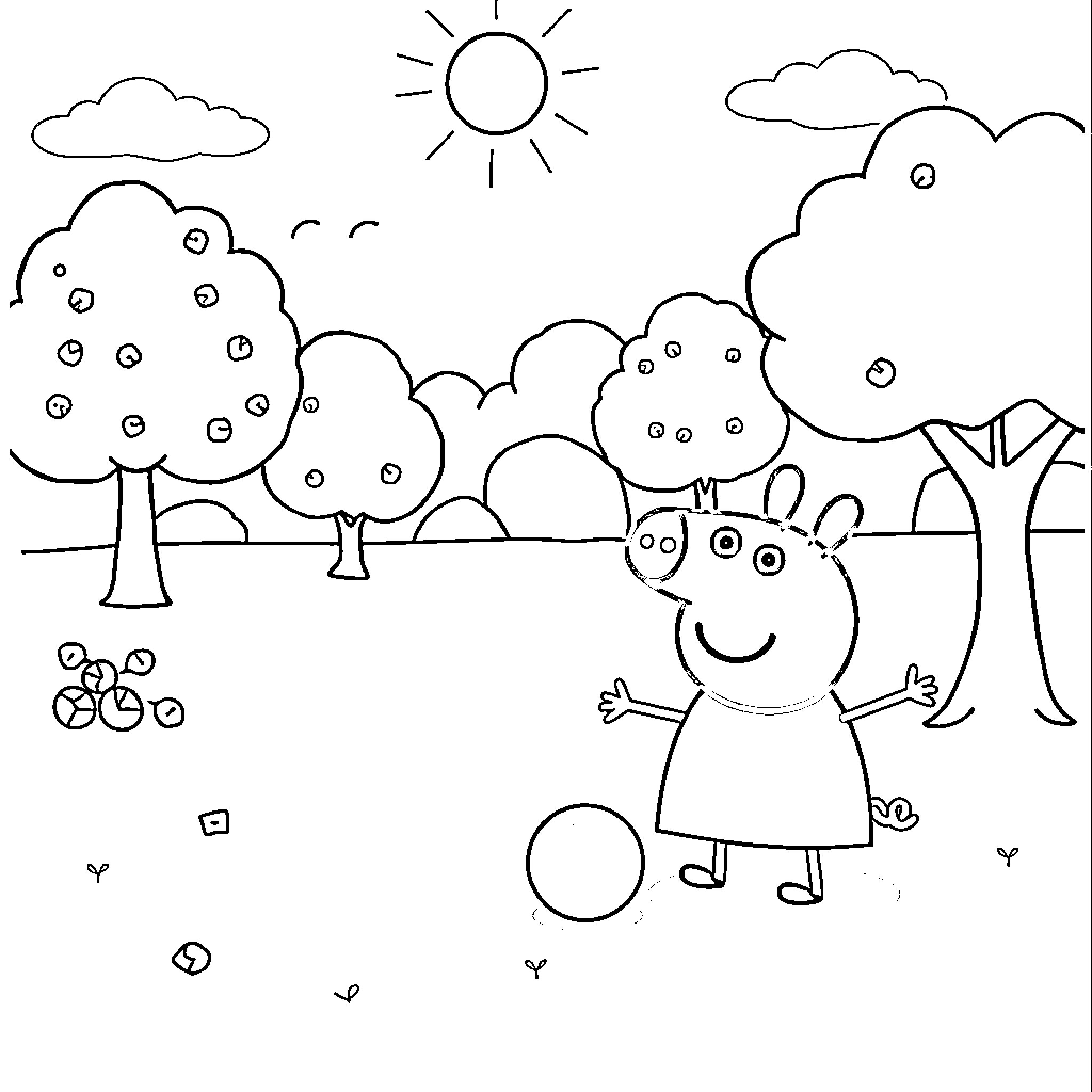 Peppa Pig playing in a sunny outdoor scene Coloring Page (free black-and-white line drawing printable PDF for all, from beginners to advanced learners, including children, teens, adults, and seniors)