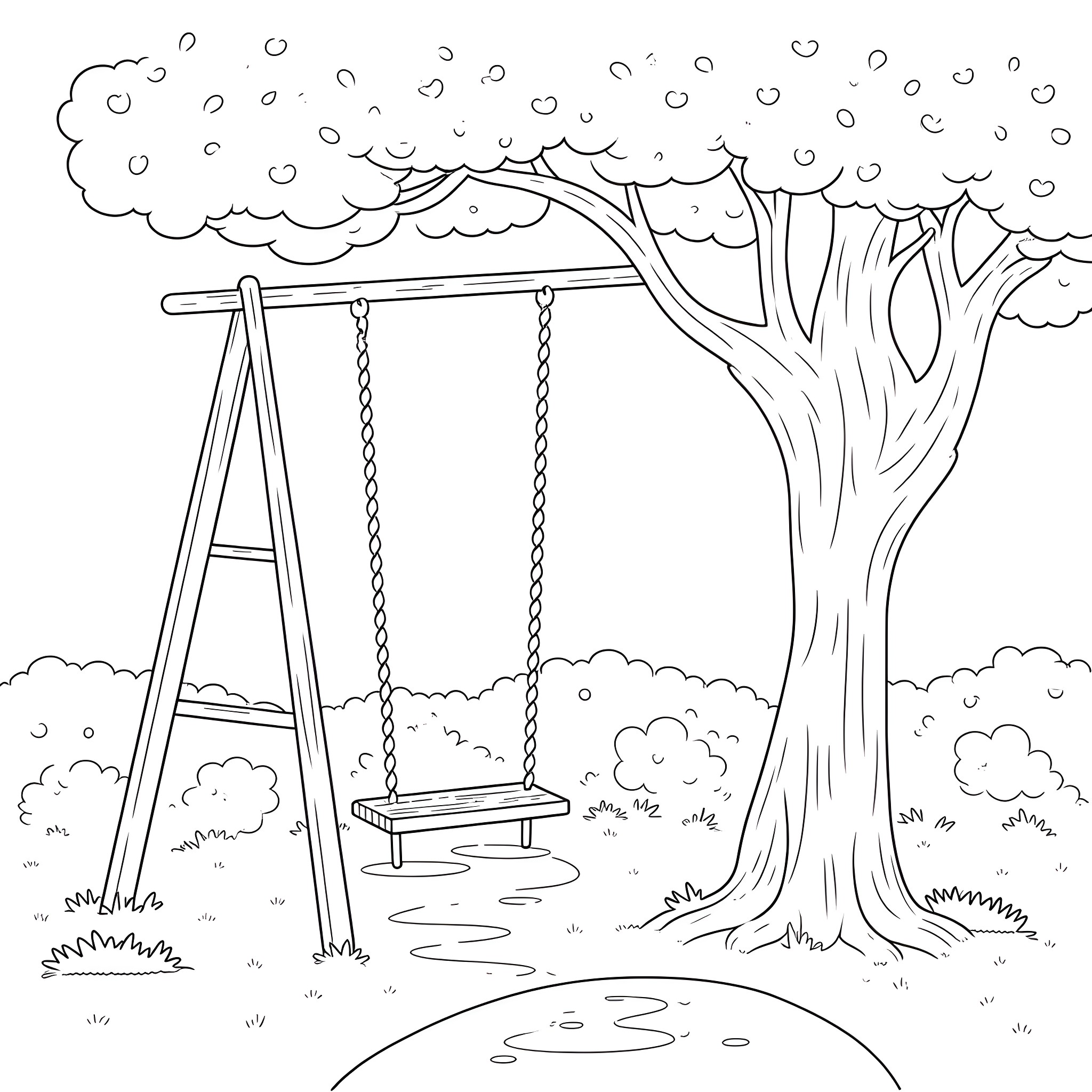 Swing under the Shady Tree Coloring Page (free black-and-white line drawing printable PDF for all, from beginners to advanced learners, including children, teens, adults, and seniors)