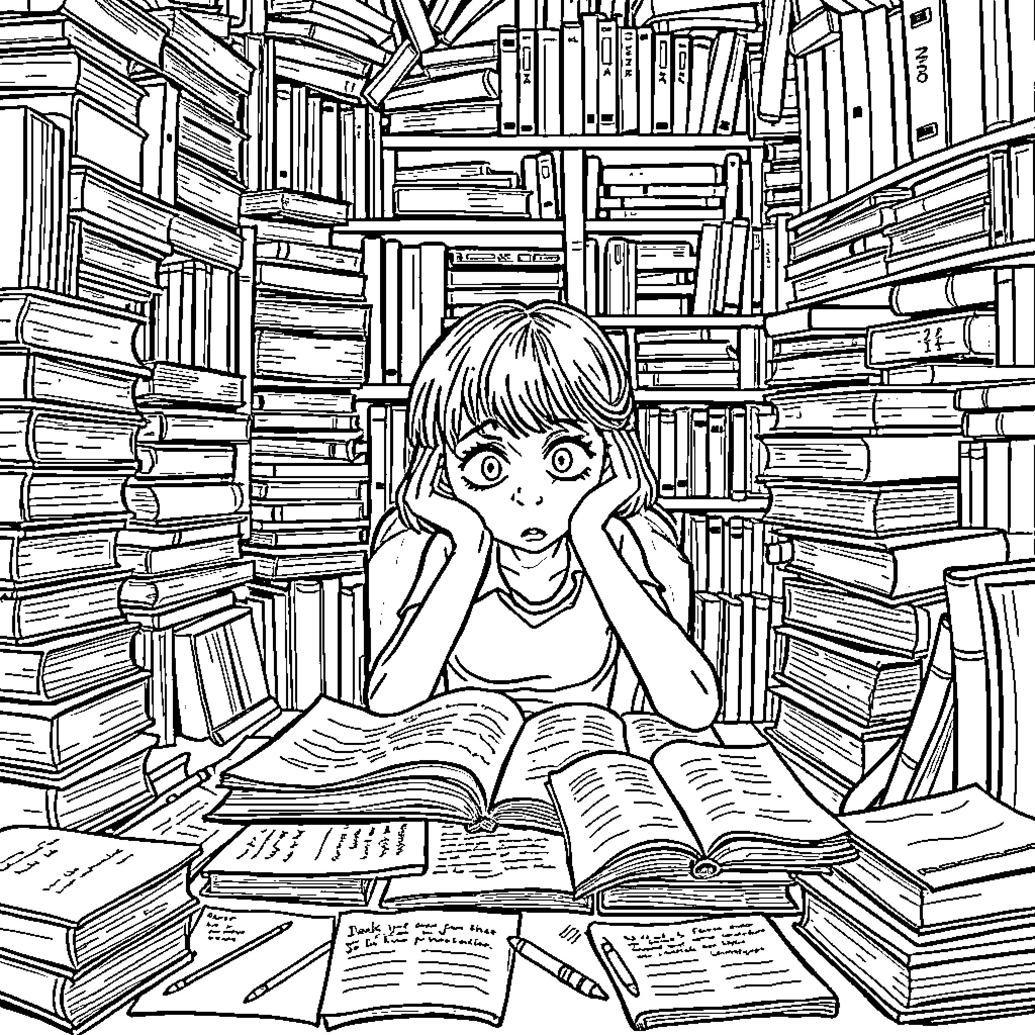 Girl Surrounded by Books in Library Coloring Page (free black-and-white line drawing printable PDF for all, from beginners to advanced learners, including children, teens, adults, and seniors)