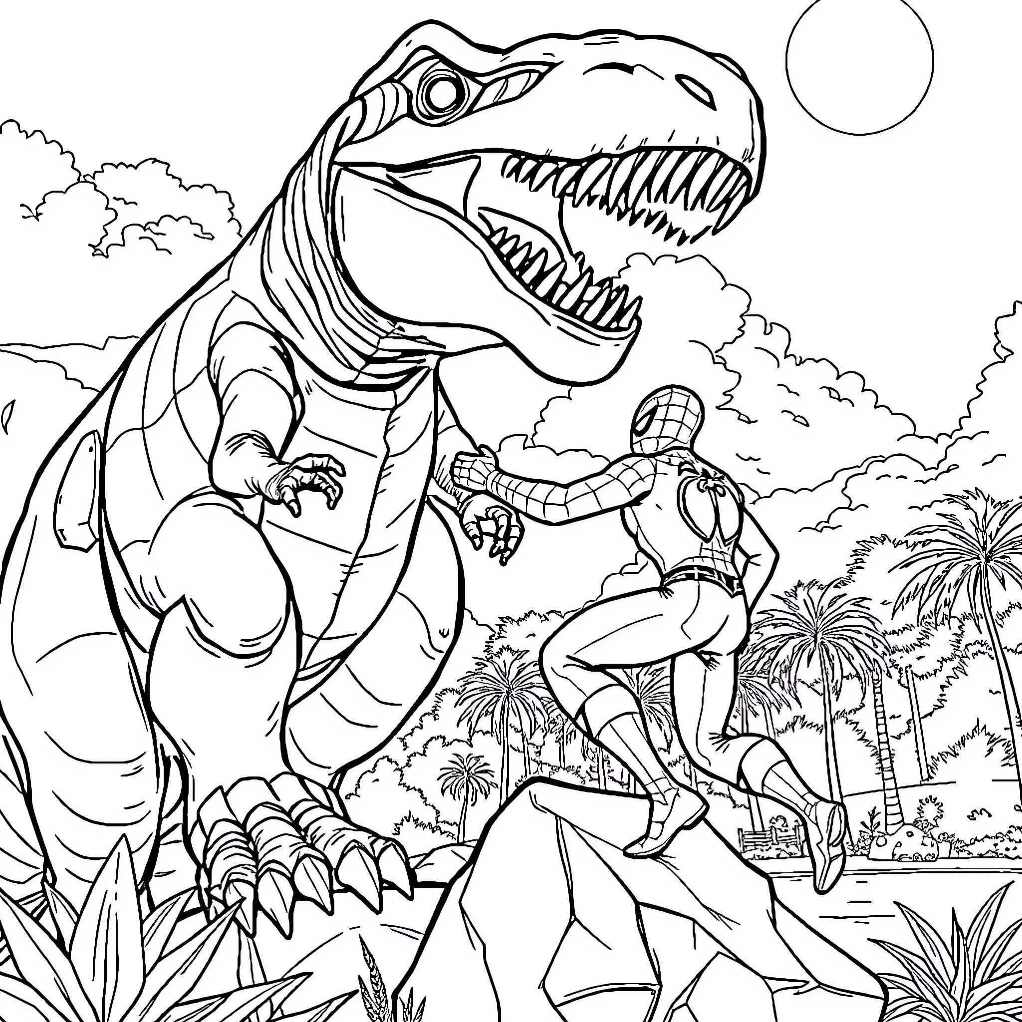 Spiderman facing off with a giant dinosaur in the jungle Coloring Page (free black-and-white line drawing printable PDF for all, from beginners to advanced learners, including children, teens, adults, and seniors)