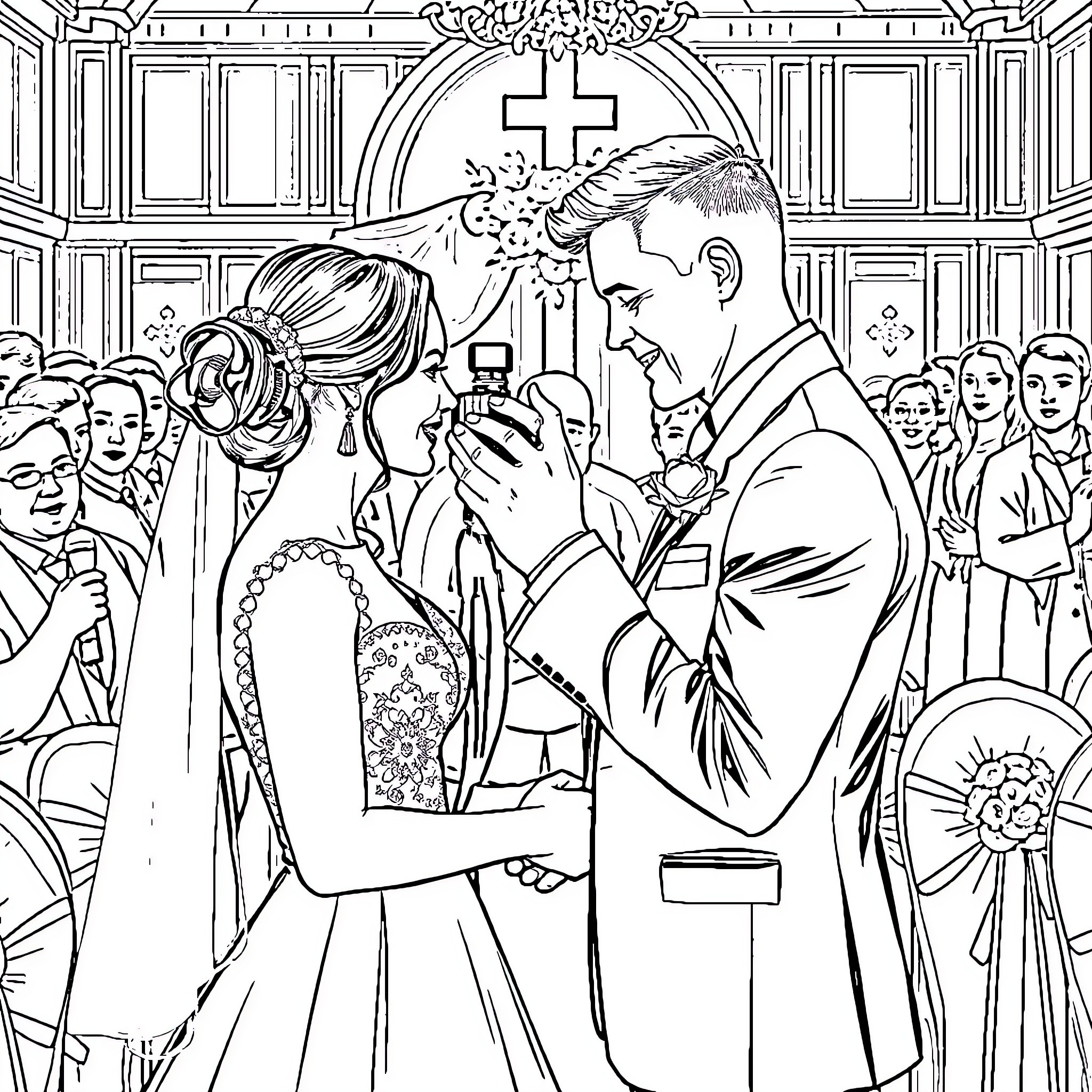 Photographer captures wedding ceremony in church Coloring Page (free black-and-white line drawing printable PDF for all, from beginners to advanced learners, including children, teens, adults, and seniors)