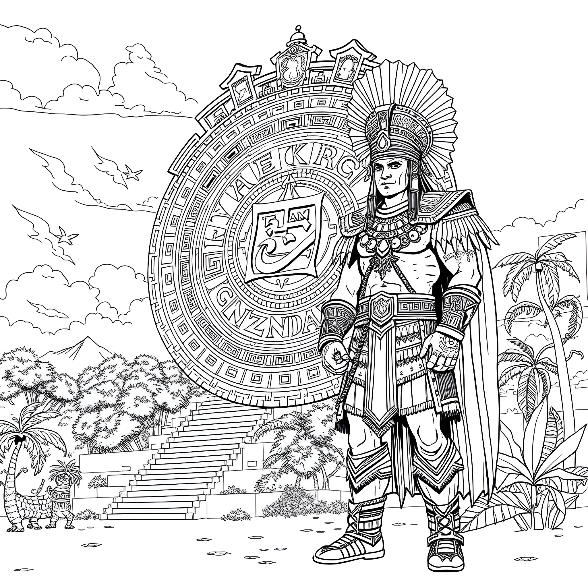 Aztec Warrior stands before a grand ceremonial calendar Coloring Page (free black-and-white line drawing printable PDF for all, from beginners to advanced learners, including children, teens, adults, and seniors)