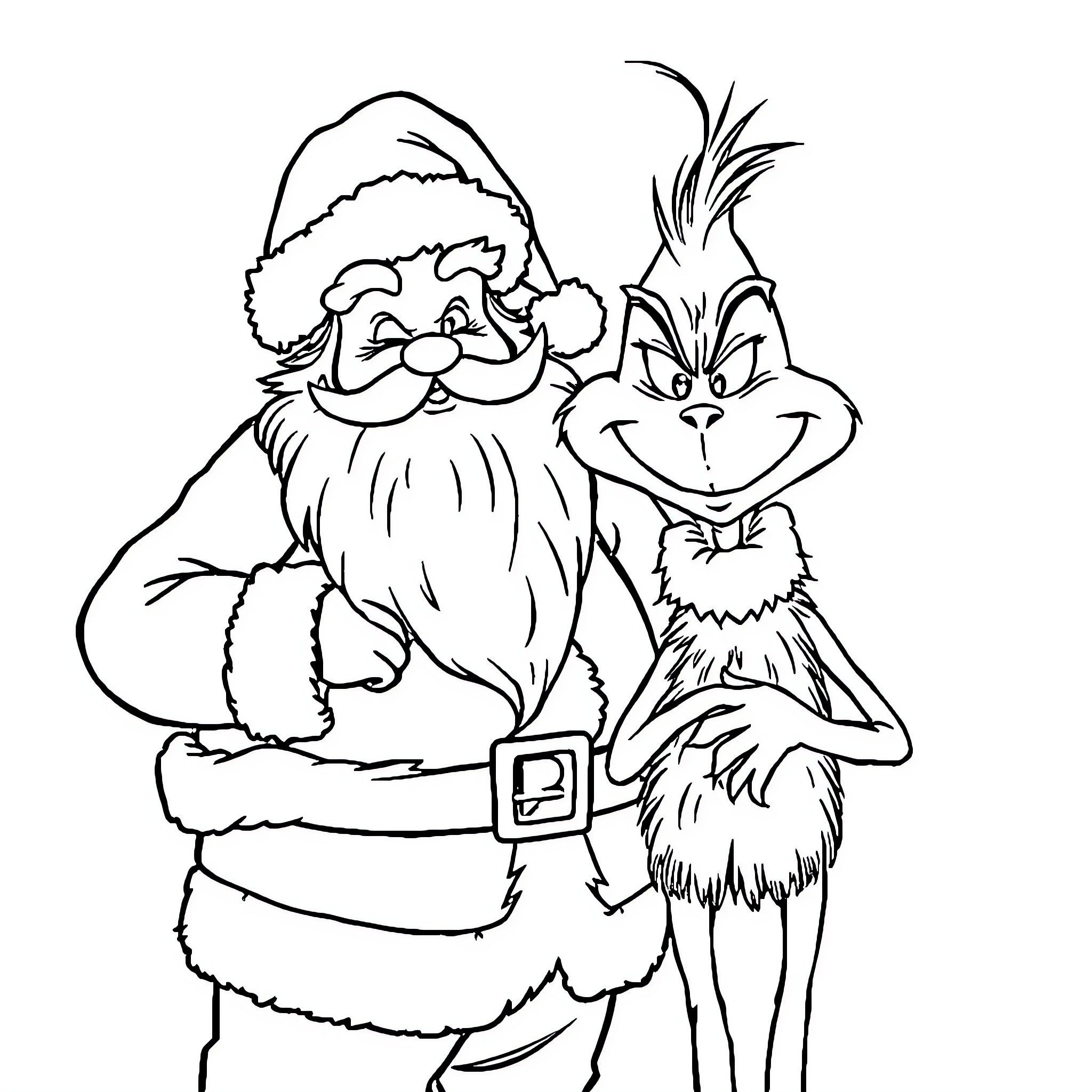 Santa and Grinch in festive attire and expressions Coloring Page (free black-and-white line drawing printable PDF for all, from beginners to advanced learners, including children, teens, adults, and seniors)