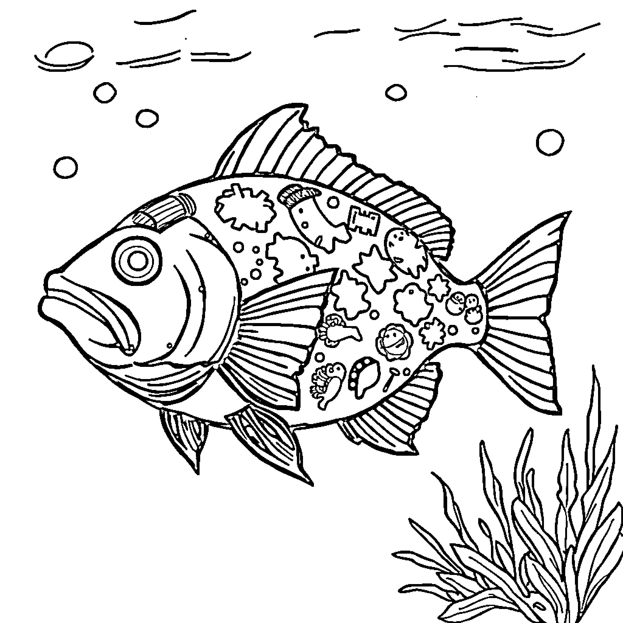 Fish swimming among underwater plants Coloring Page (free black-and-white line drawing printable PDF for all, from beginners to advanced learners, including children, teens, adults, and seniors)