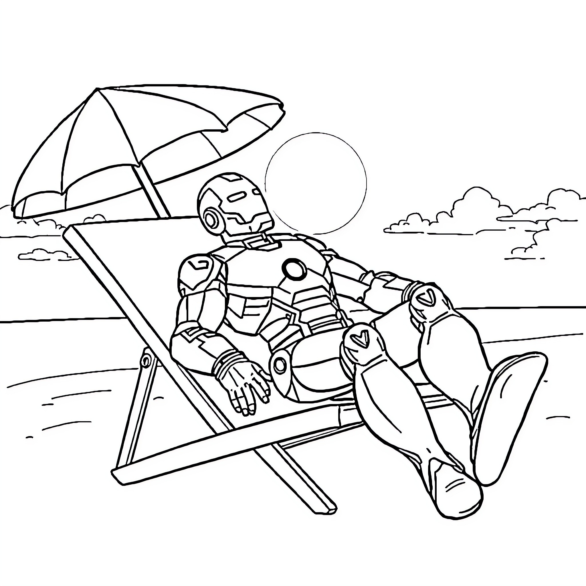 Ironman relaxing on the beach Coloring Page (free black-and-white line drawing printable PDF for all, from beginners to advanced learners, including children, teens, adults, and seniors)