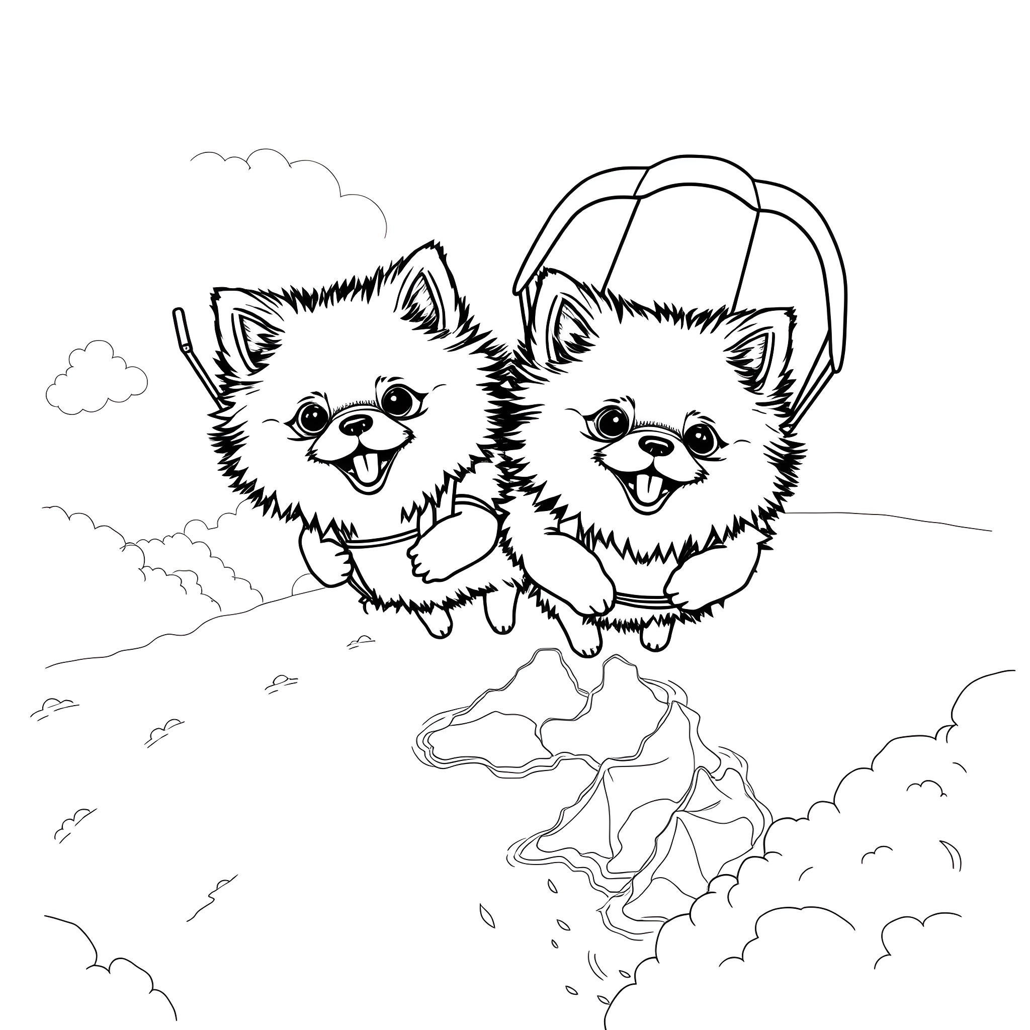 Pomeranian puppies playing happily in the clouds Coloring Page (free black-and-white line drawing printable PDF for all, from beginners to advanced learners, including children, teens, adults, and seniors)