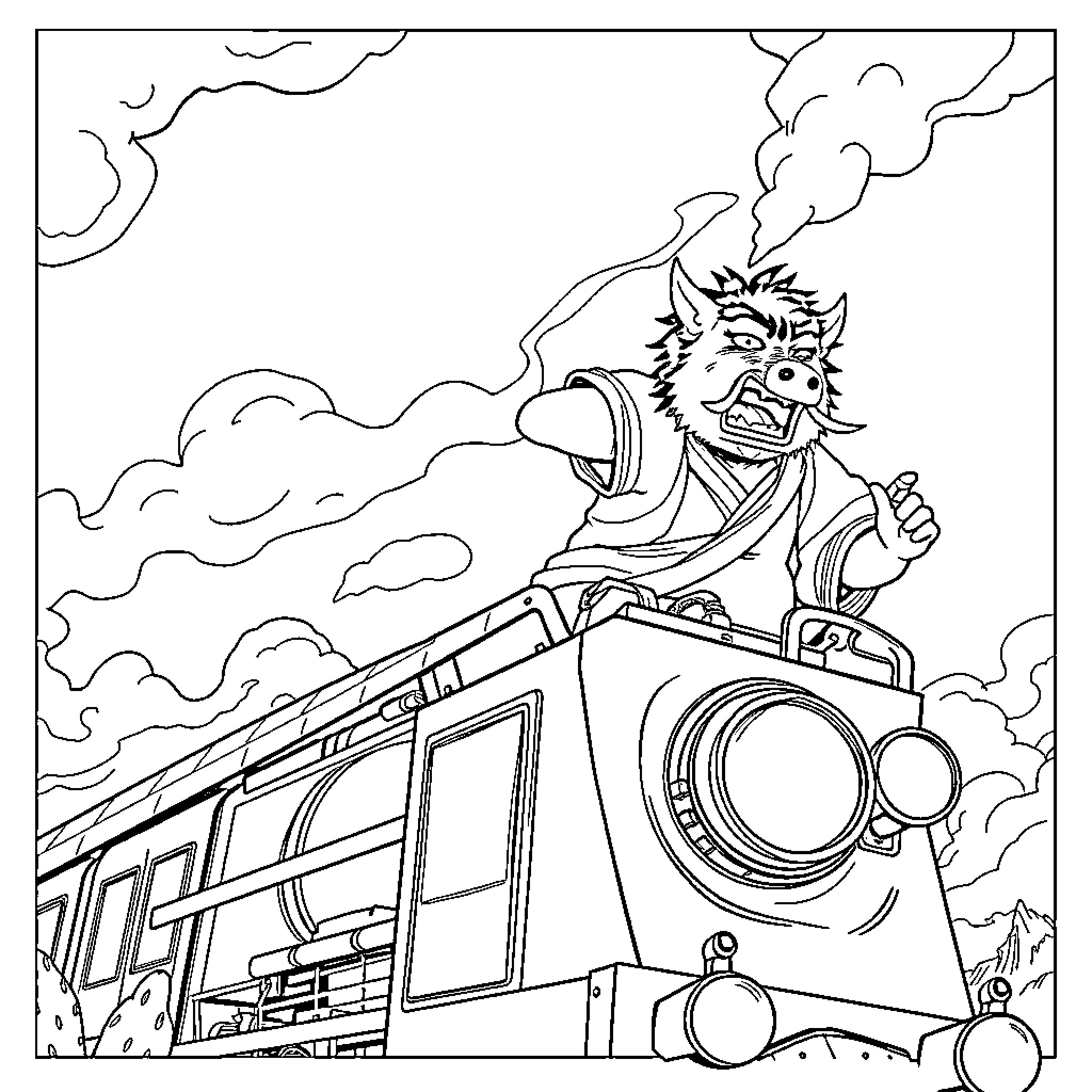 Inosuke riding a powerful locomotive with determination Coloring Page (free black-and-white line drawing printable PDF for all, from beginners to advanced learners, including children, teens, adults, and seniors)