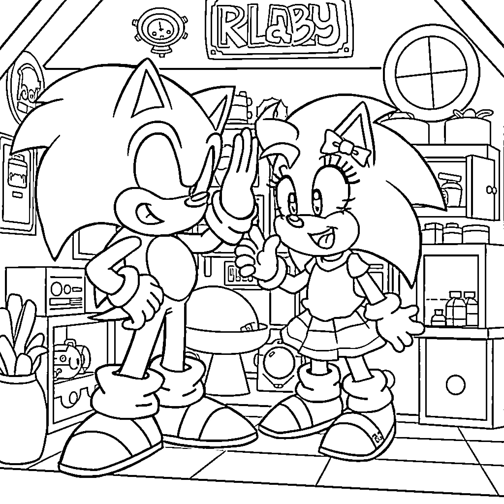 Sonic Characters Interacting in Playful Scenario Coloring Page (free black-and-white line drawing printable PDF for all, from beginners to advanced learners, including children, teens, adults, and seniors)