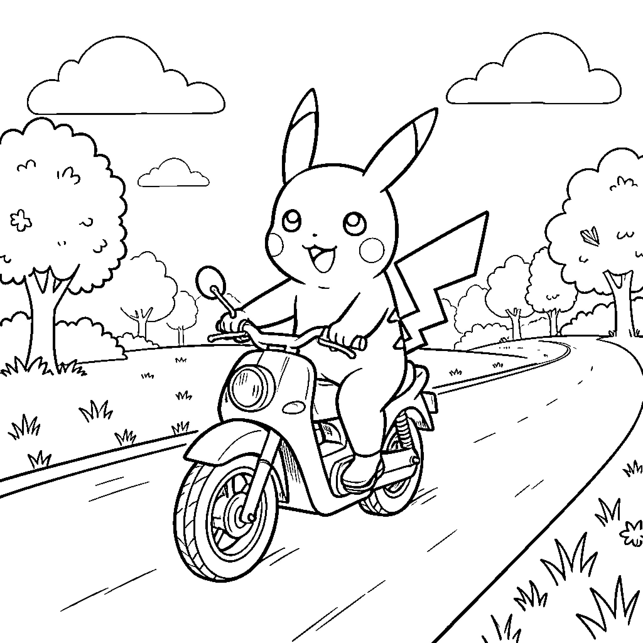 Pikachu riding a scooter along a scenic road Coloring Page (free black-and-white line drawing printable PDF for all, from beginners to advanced learners, including children, teens, adults, and seniors)