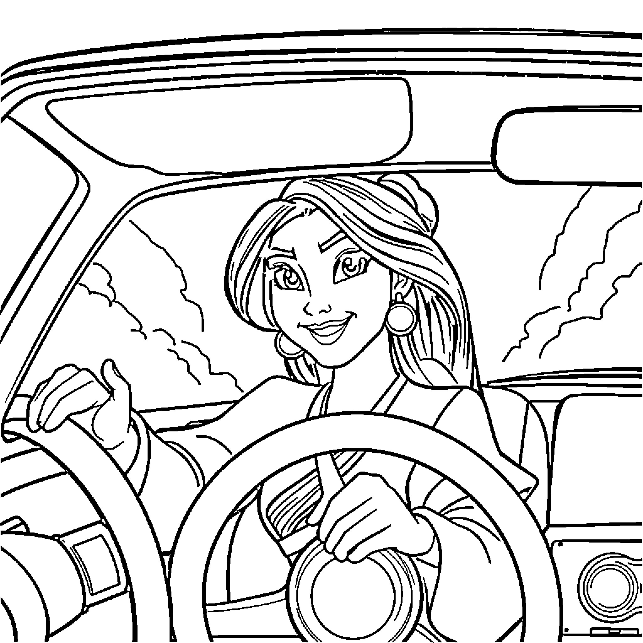 Mulan Driving a Car on the Road Coloring Page (free black-and-white line drawing printable PDF for all, from beginners to advanced learners, including children, teens, adults, and seniors)