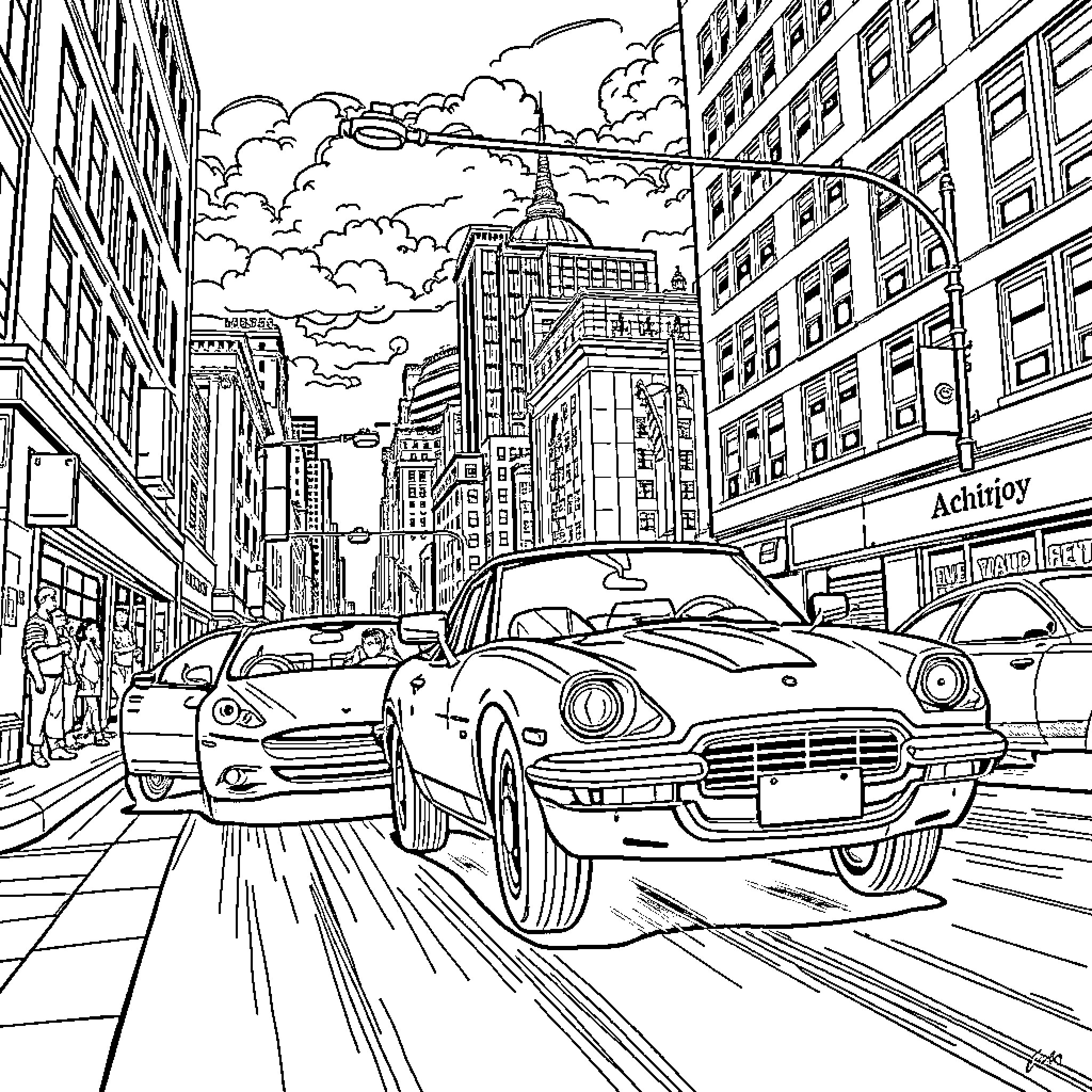 Chase through the bustling city streets Coloring Page (free black-and-white line drawing printable PDF for all, from beginners to advanced learners, including children, teens, adults, and seniors)