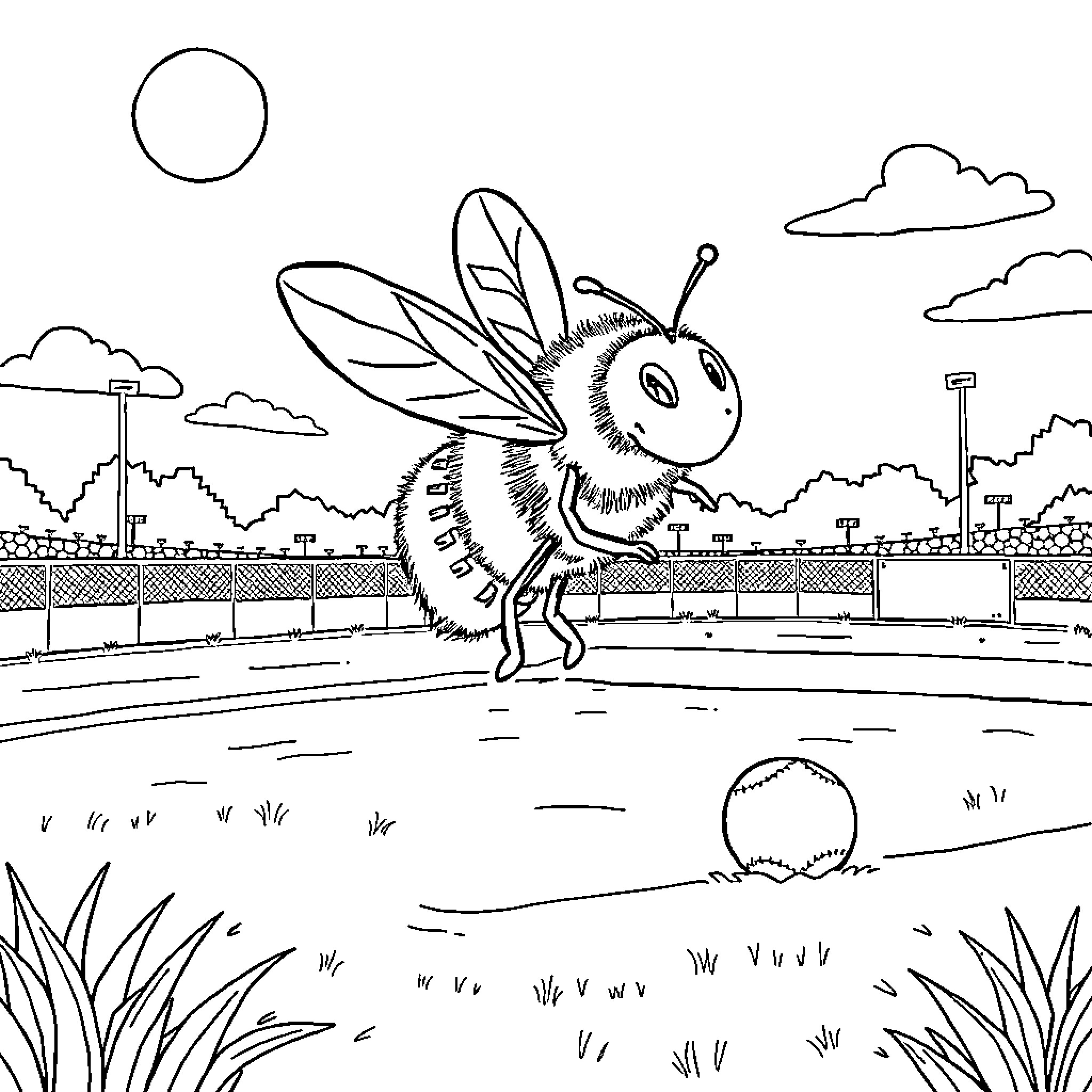 Bumblebee playing happily in the meadow Coloring Page (free black-and-white line drawing printable PDF for all, from beginners to advanced learners, including children, teens, adults, and seniors)