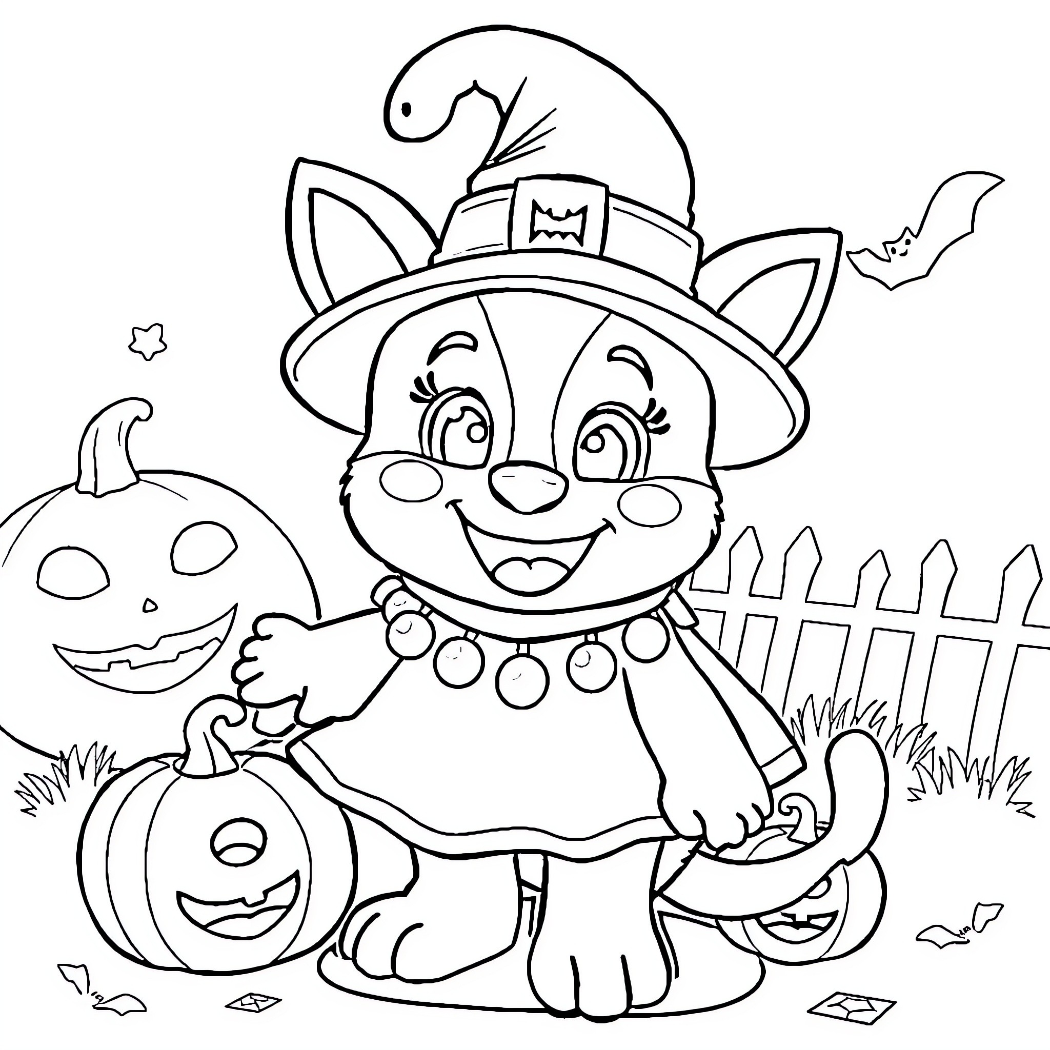 Bingo's Spooky Halloween Celebration Coloring Page (free black-and-white line drawing printable PDF for all, from beginners to advanced learners, including children, teens, adults, and seniors)