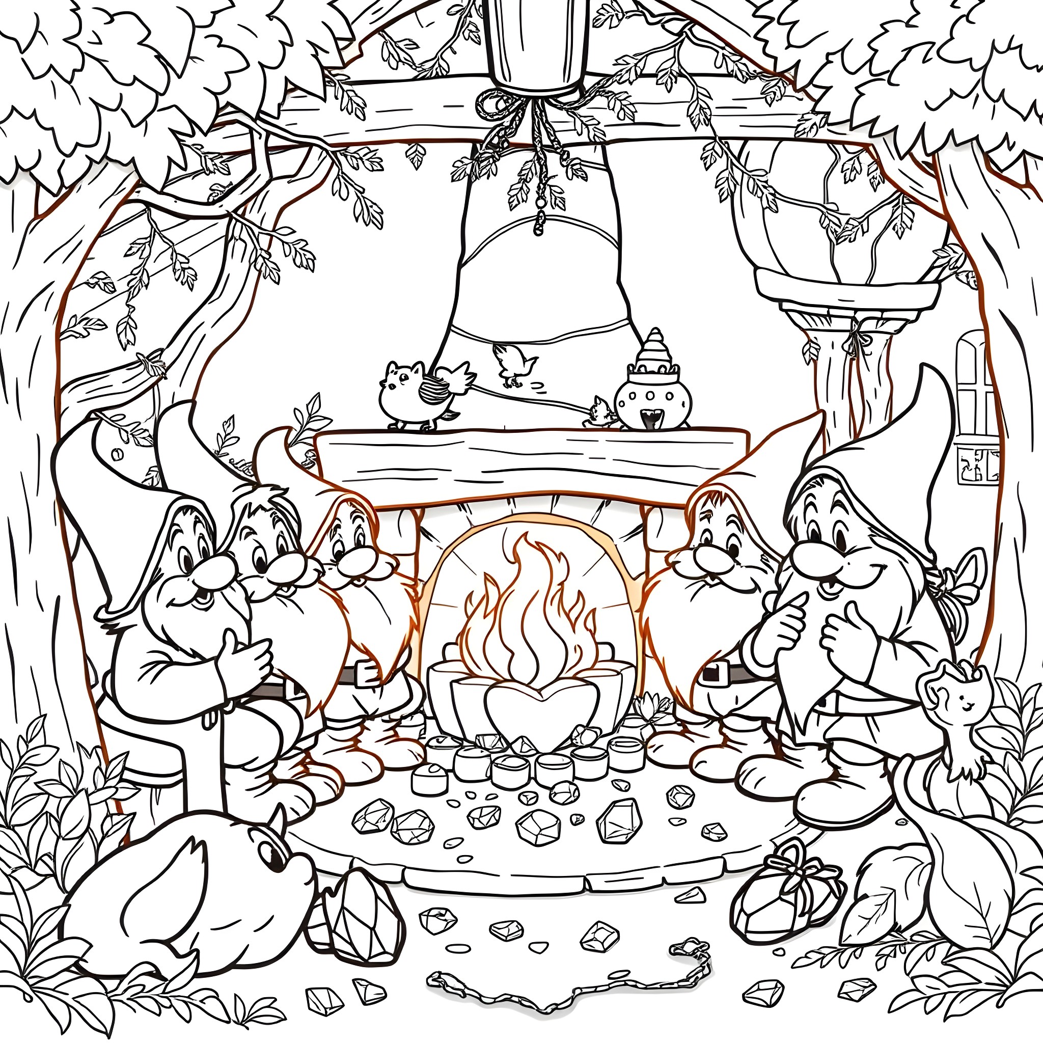Dwarf characters gathered around a cozy fireplace Coloring Page (free black-and-white line drawing printable PDF for all, from beginners to advanced learners, including children, teens, adults, and seniors)