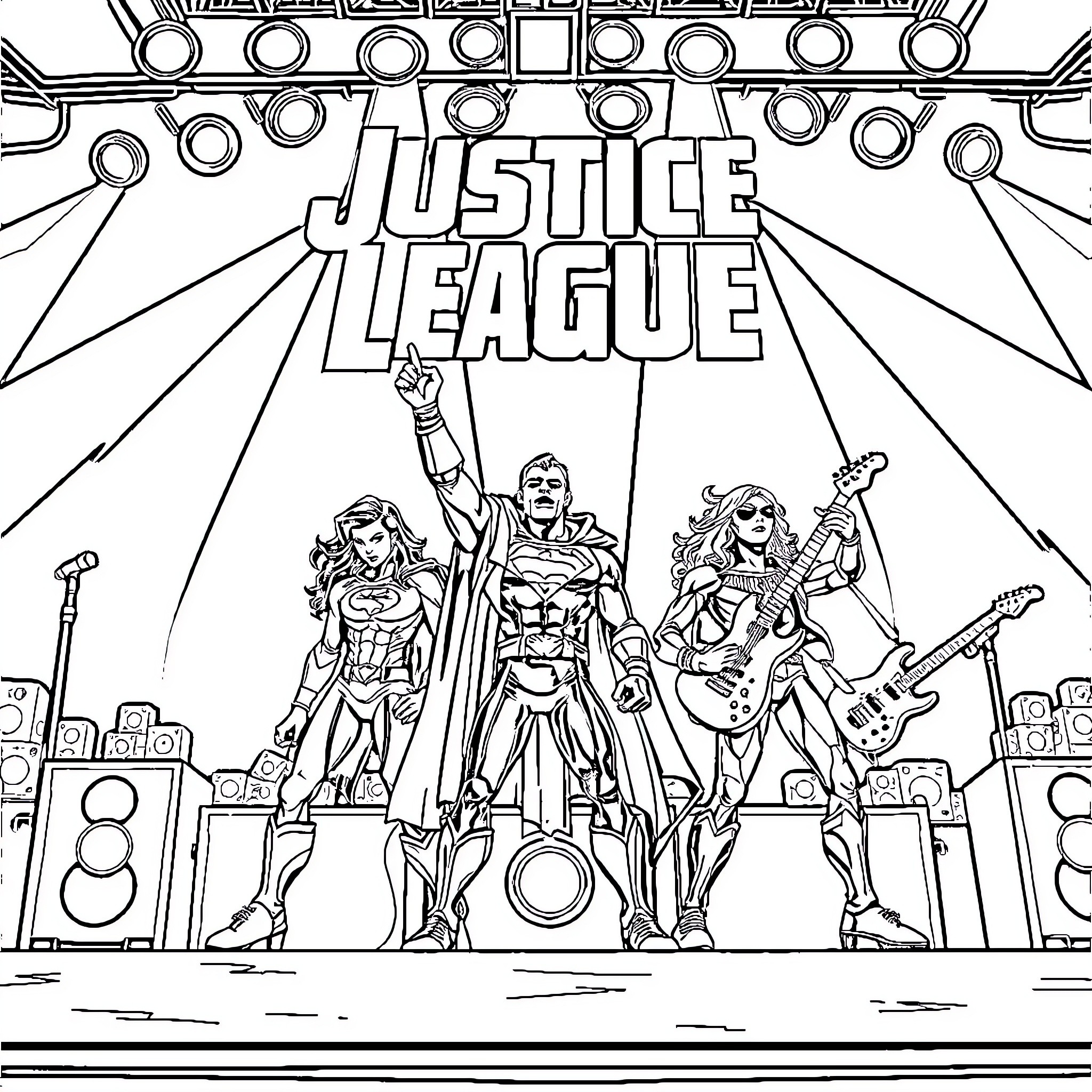 Justice League heroes in action on stage Coloring Page (free black-and-white line drawing printable PDF for all, from beginners to advanced learners, including children, teens, adults, and seniors)