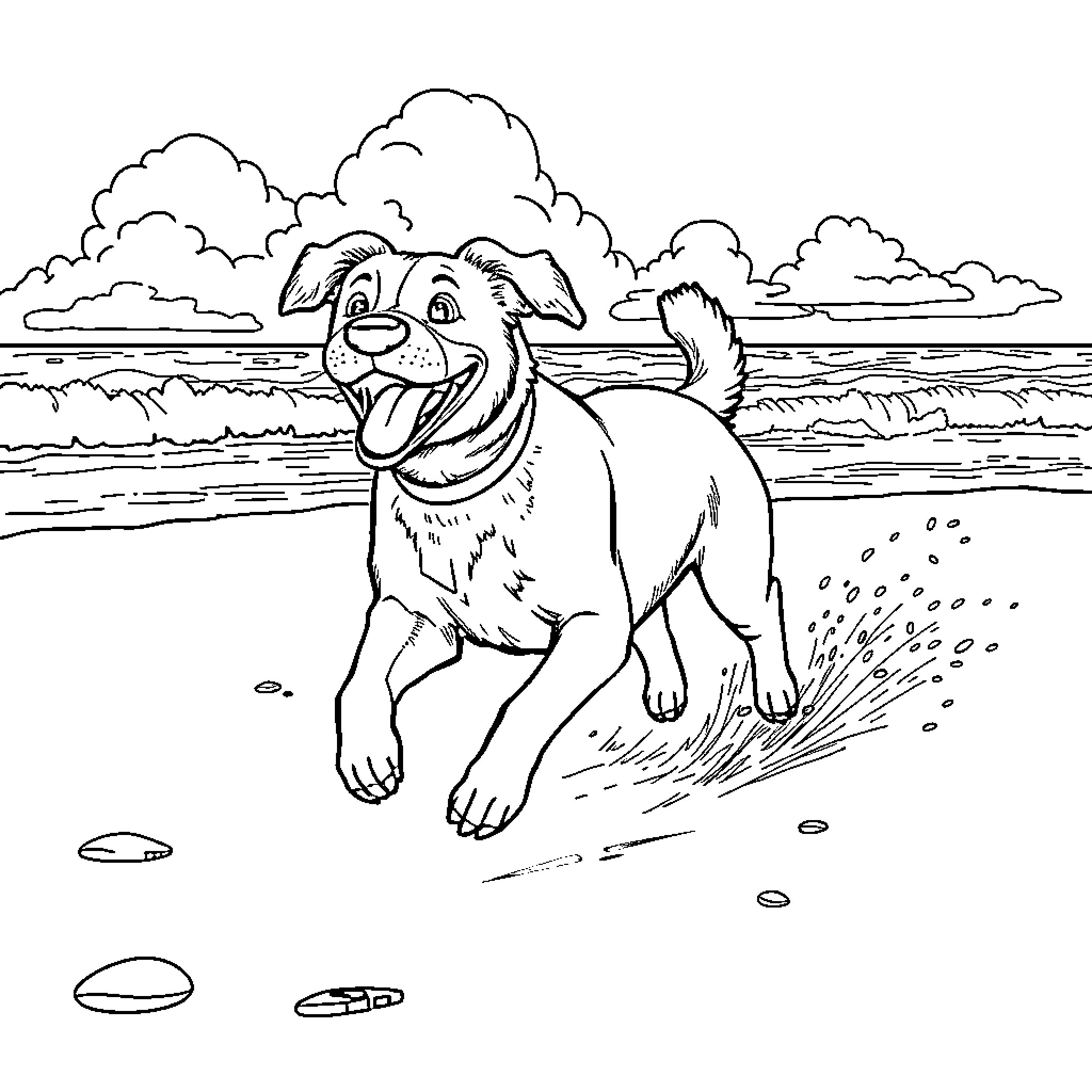 Dog playing happily on the beach Coloring Page (free black-and-white line drawing printable PDF for all, from beginners to advanced learners, including children, teens, adults, and seniors)