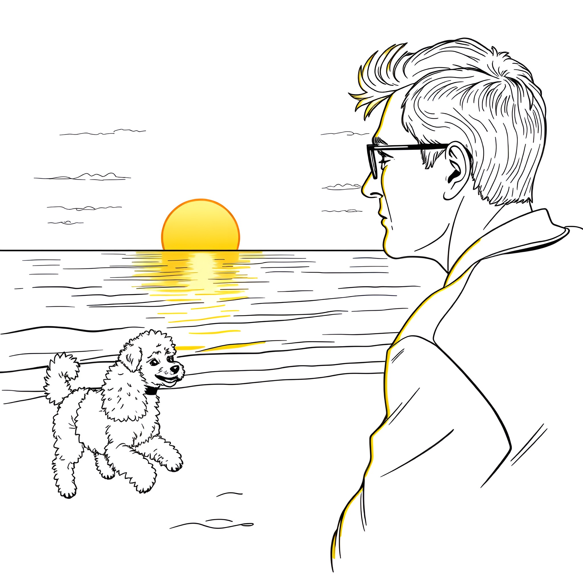 Adult enjoying sunset with puppy by the beach Coloring Page (free black-and-white line drawing printable PDF for all, from beginners to advanced learners, including children, teens, adults, and seniors)