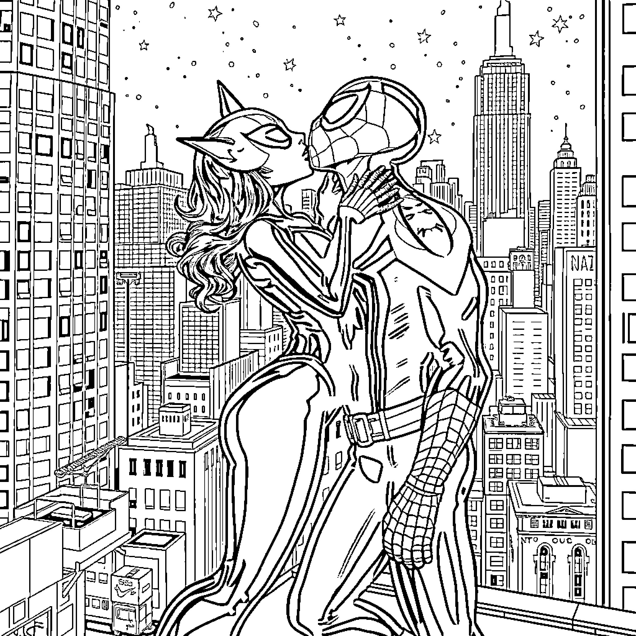 Catwoman's Daring Encounter with Spider-Man in the City Coloring Page (free black-and-white line drawing printable PDF for all, from beginners to advanced learners, including children, teens, adults, and seniors)