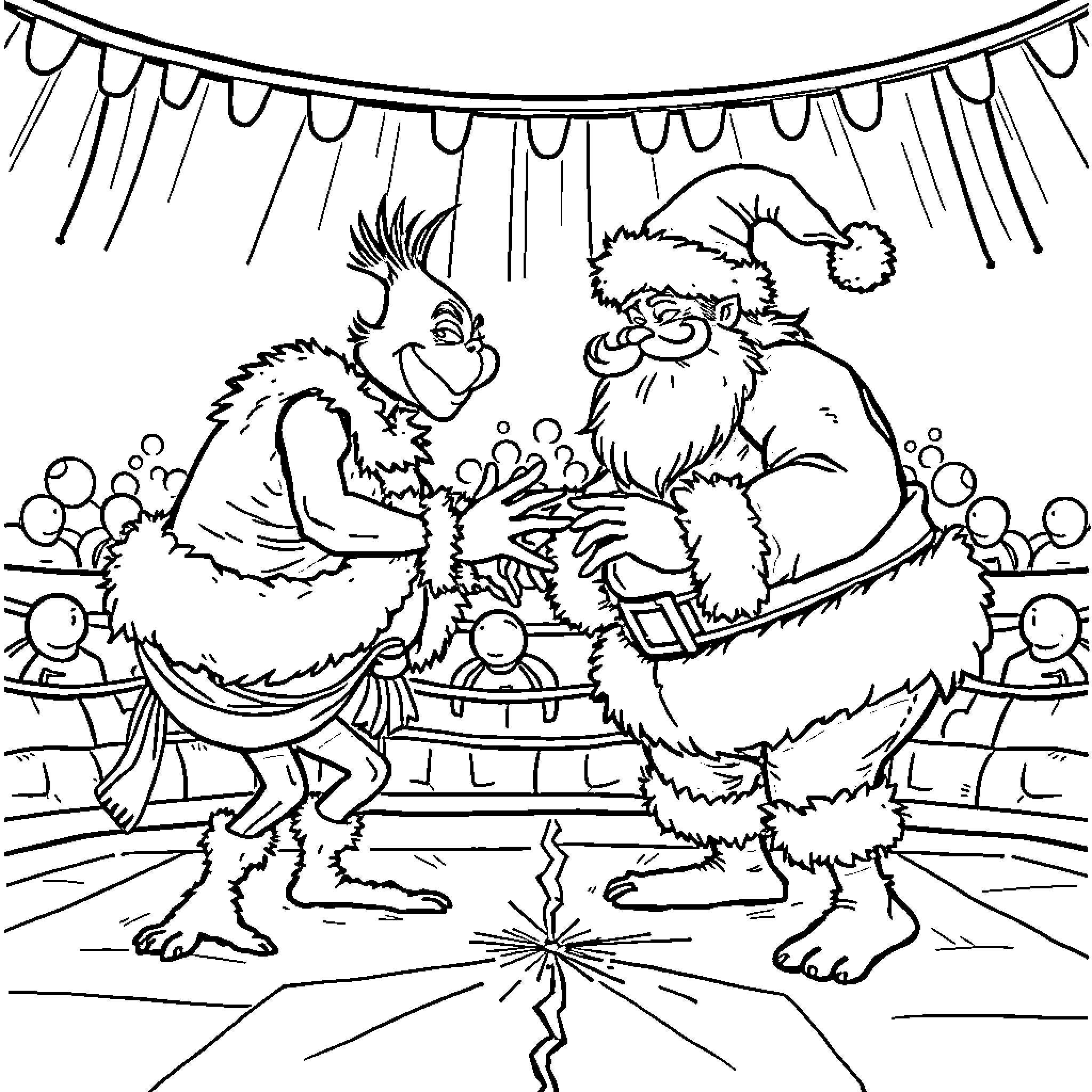 Grinch and Santa celebrating together with festive decorations Coloring Page (free black-and-white line drawing printable PDF for all, from beginners to advanced learners, including children, teens, adults, and seniors)