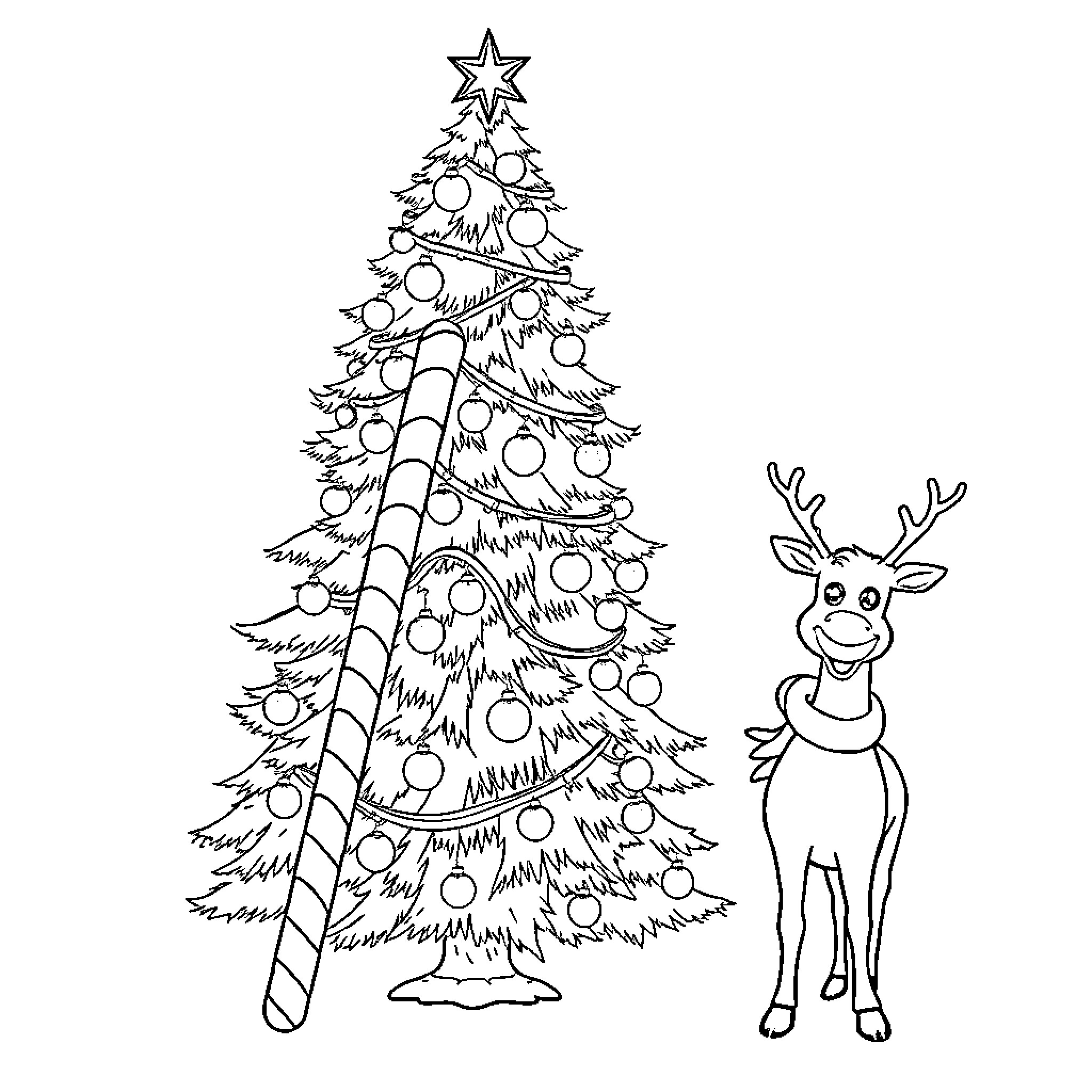 Christmas Tree with Cheerful Reindeer Coloring Page (free black-and-white line drawing printable PDF for all, from beginners to advanced learners, including children, teens, adults, and seniors)