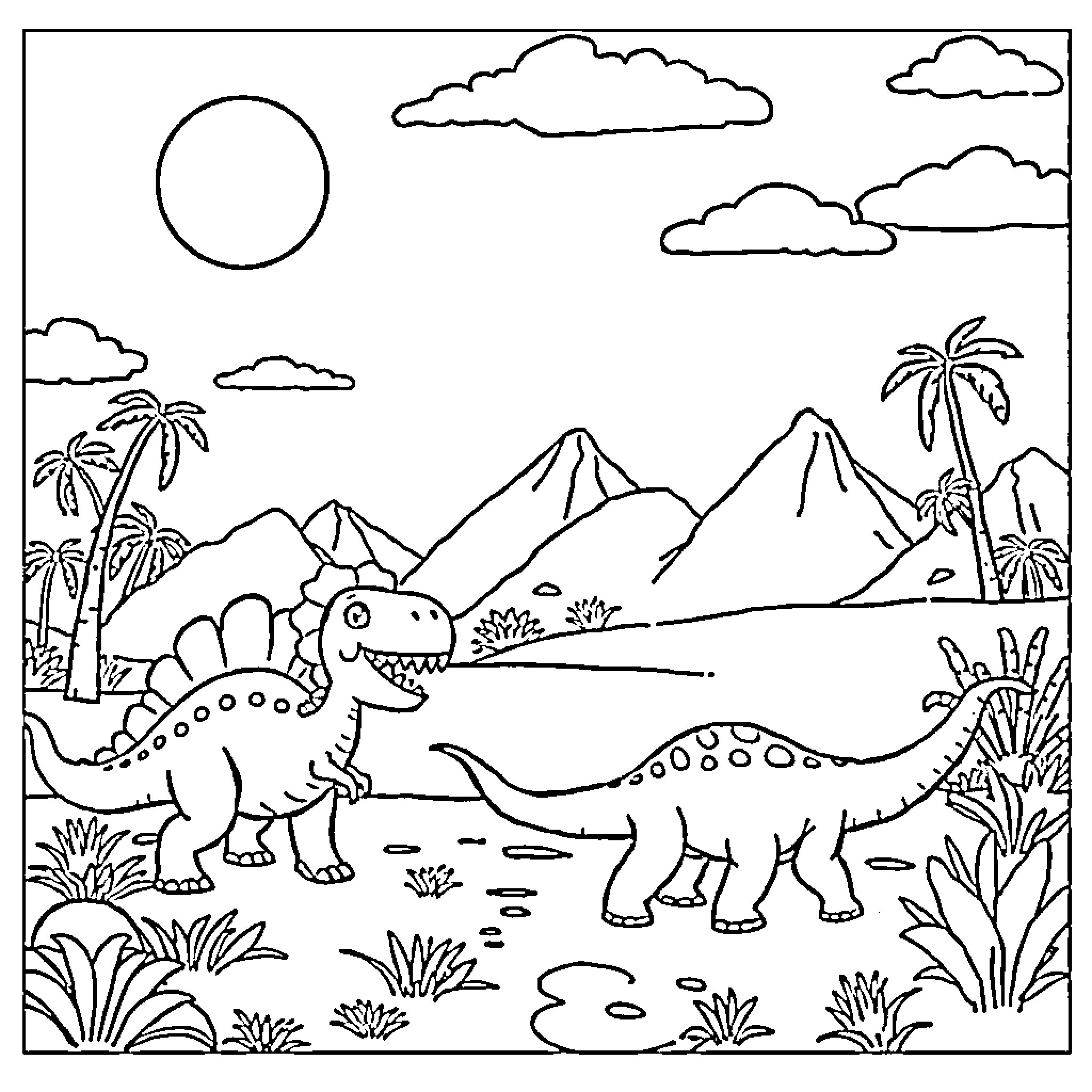 Dinosaurs roaming in lush prehistoric landscape Coloring Page (free black-and-white line drawing printable PDF for all, from beginners to advanced learners, including children, teens, adults, and seniors)