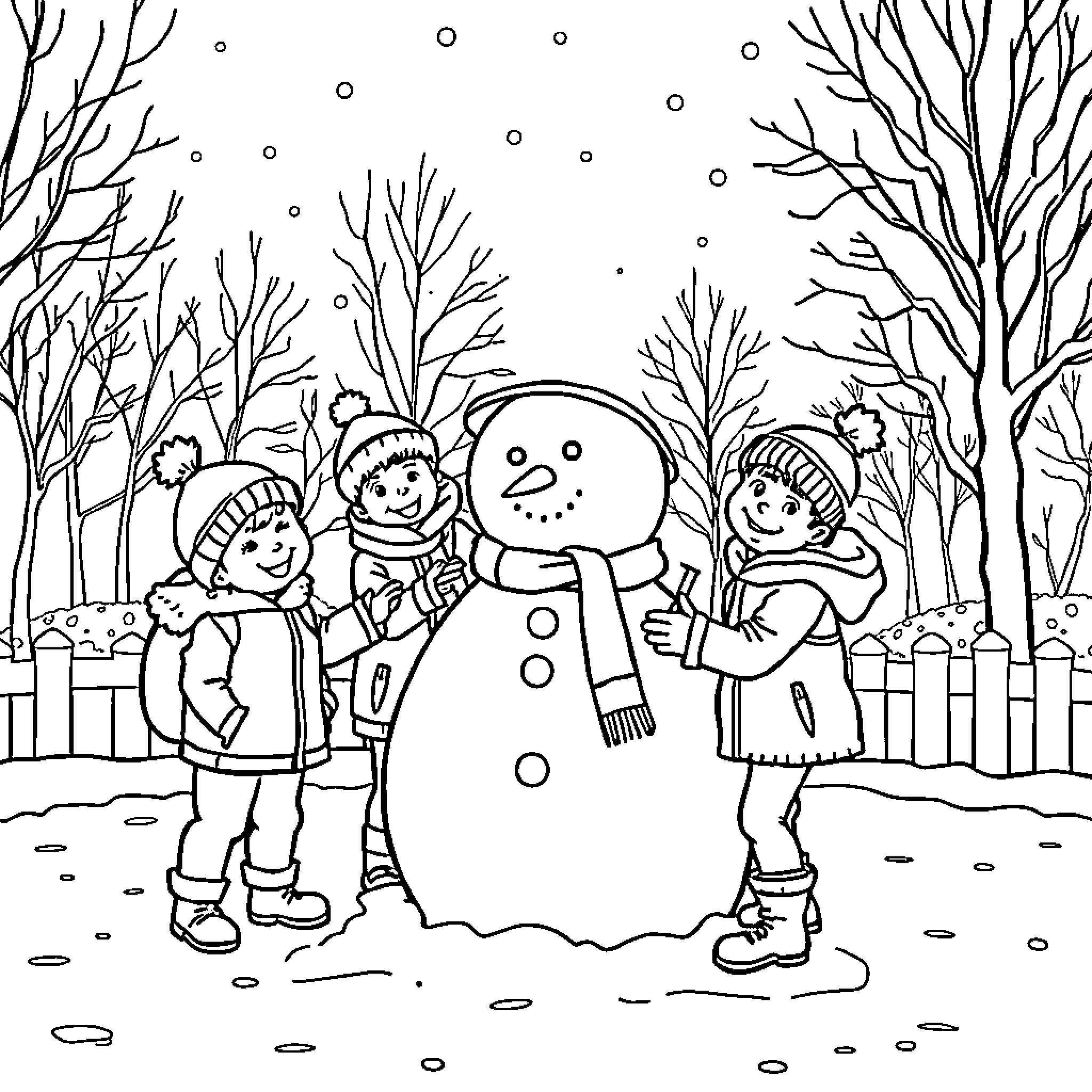 Children Playing with Snowman in Snowy Landscape Coloring Page (free black-and-white line drawing printable PDF for all, from beginners to advanced learners, including children, teens, adults, and seniors)
