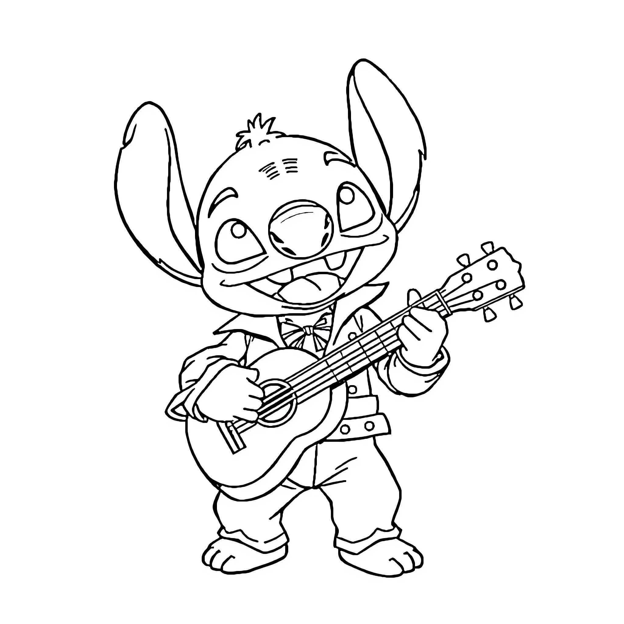 Elvis Stitch playing guitar with enthusiasm Coloring Page (free black-and-white line drawing printable PDF for all, from beginners to advanced learners, including children, teens, adults, and seniors)