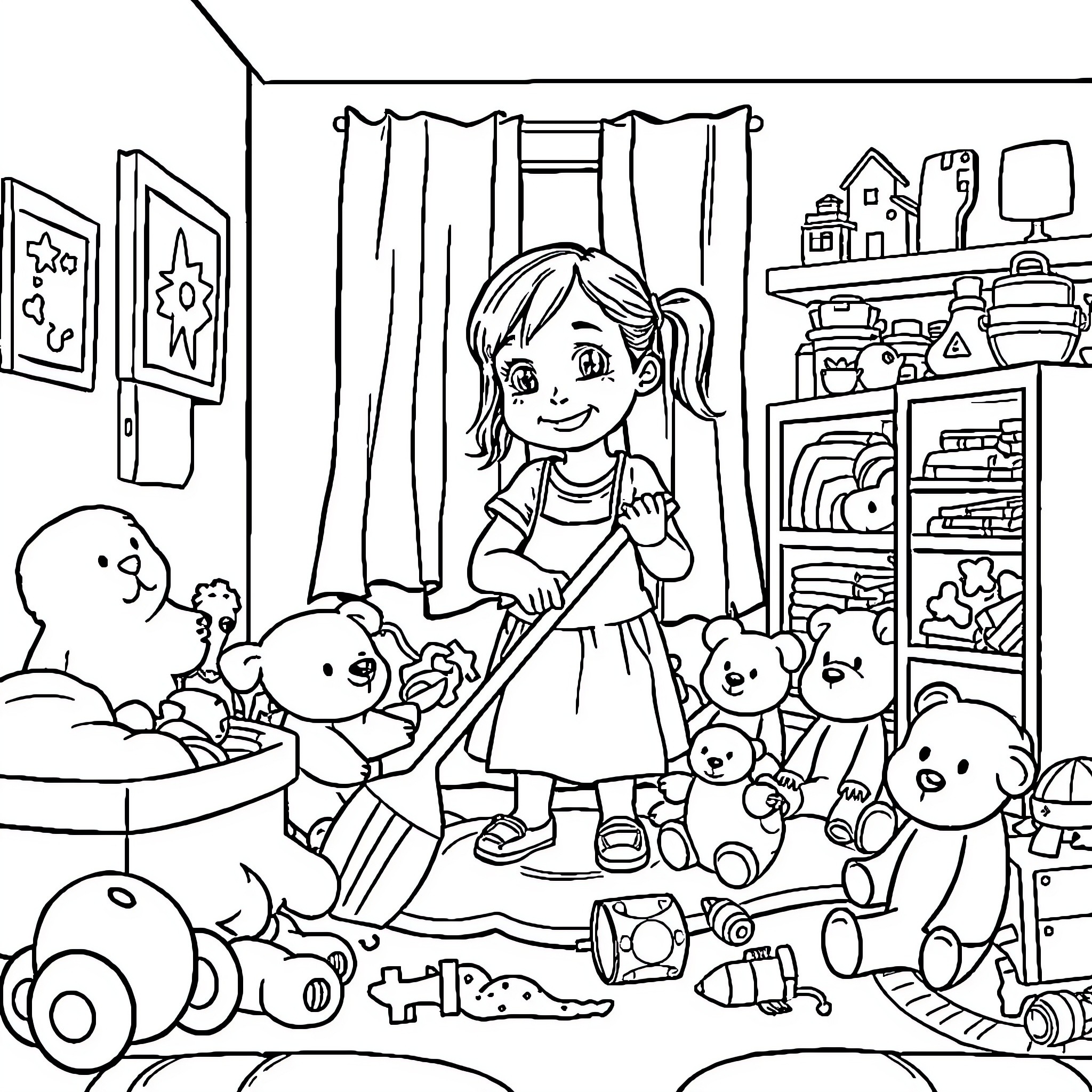 Girl surrounded by toys and stuffed animals in a cozy room Coloring Page (free black-and-white line drawing printable PDF for all, from beginners to advanced learners, including children, teens, adults, and seniors)